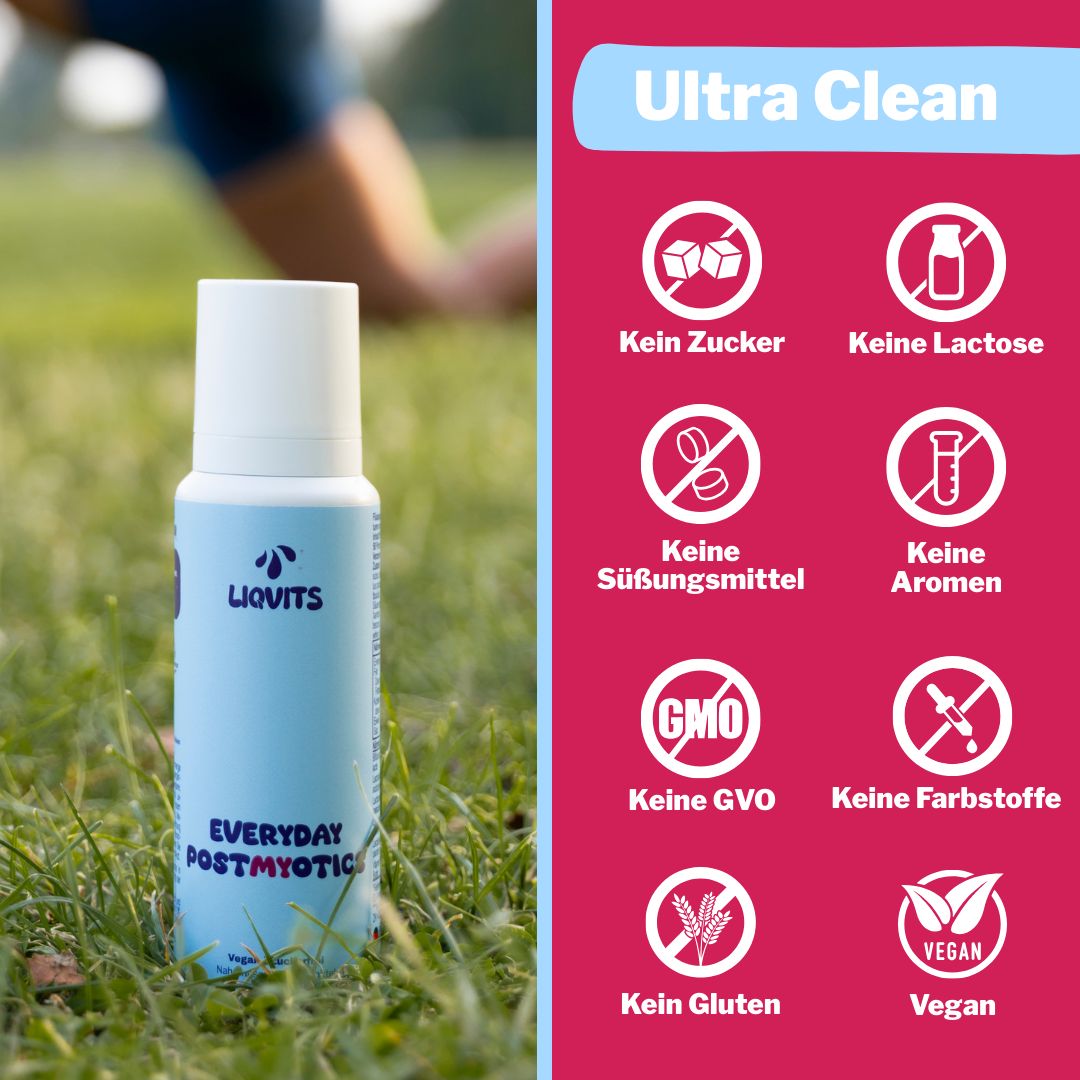 Produktabbildung. Aufschrift: LIQVITS, Everyday POSTMYOTICS. Symbole: Zuckerfrei, laktosefrei, vegan.