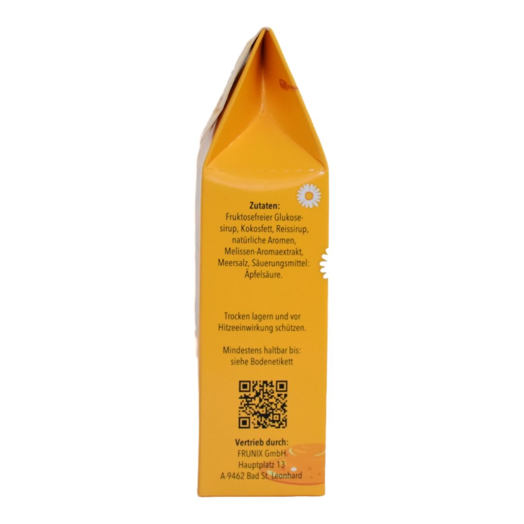 Gelbe Verpackung, Seitenansicht. Zutatenliste, QR-Code und Hinweise. Aufschrift: FRUNIX, Bonbons.