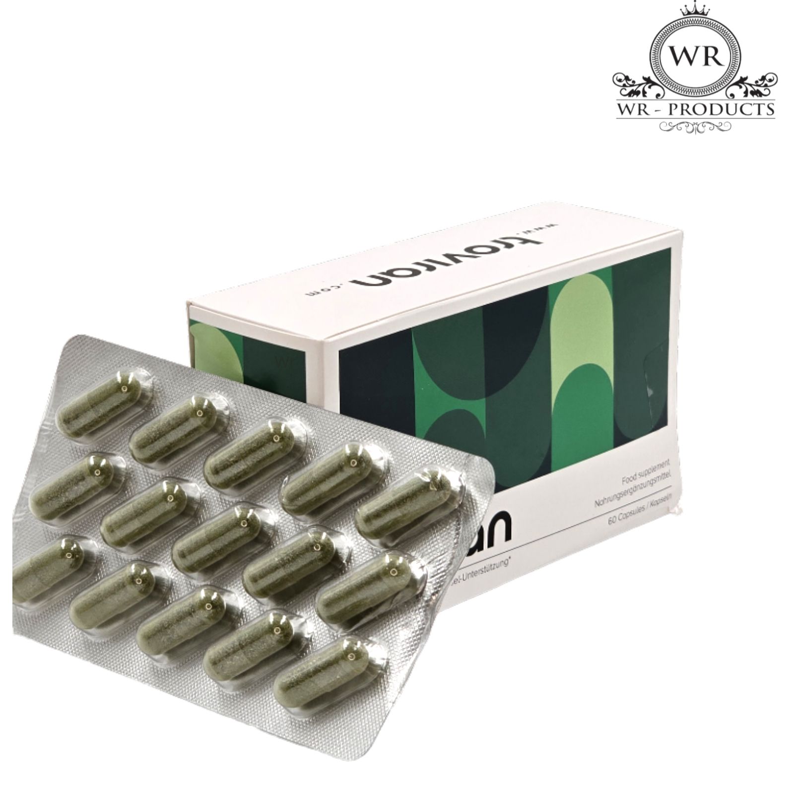 Blisterpackung mit Kapseln neben einer Verpackung. Auf der Verpackung steht "troviran". Logo: WR-PRODUCTS.