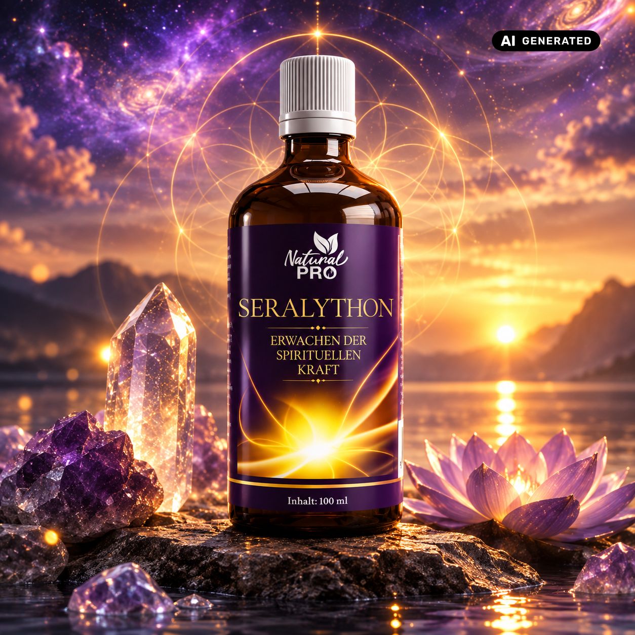 Braune Glasflasche mit lila Etikett "Natural PRO SERALYTHON" auf einem Felsen. Im Hintergrund kosmische und natürliche Elemente.