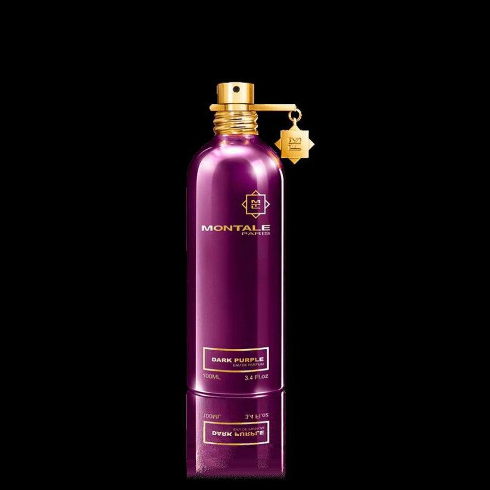 Dunkelviolette Flasche mit goldenem Verschluss und Anhänger. Aufschrift: MONTALE PARIS, DARK PURPLE. Reflektion.