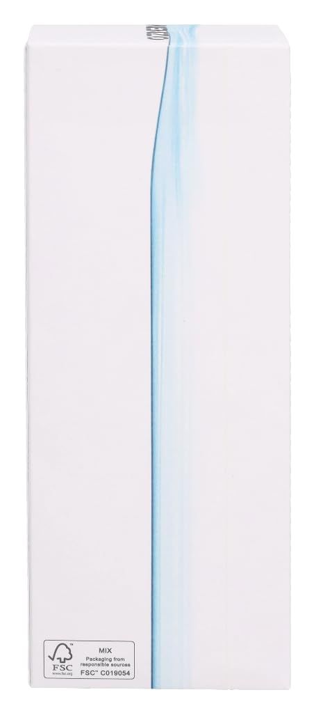 Weiße Produktverpackung für L'Eau Kenzo Pour Femme. Dekoriert mit einer blauen Wasserwelle und Tropfen.