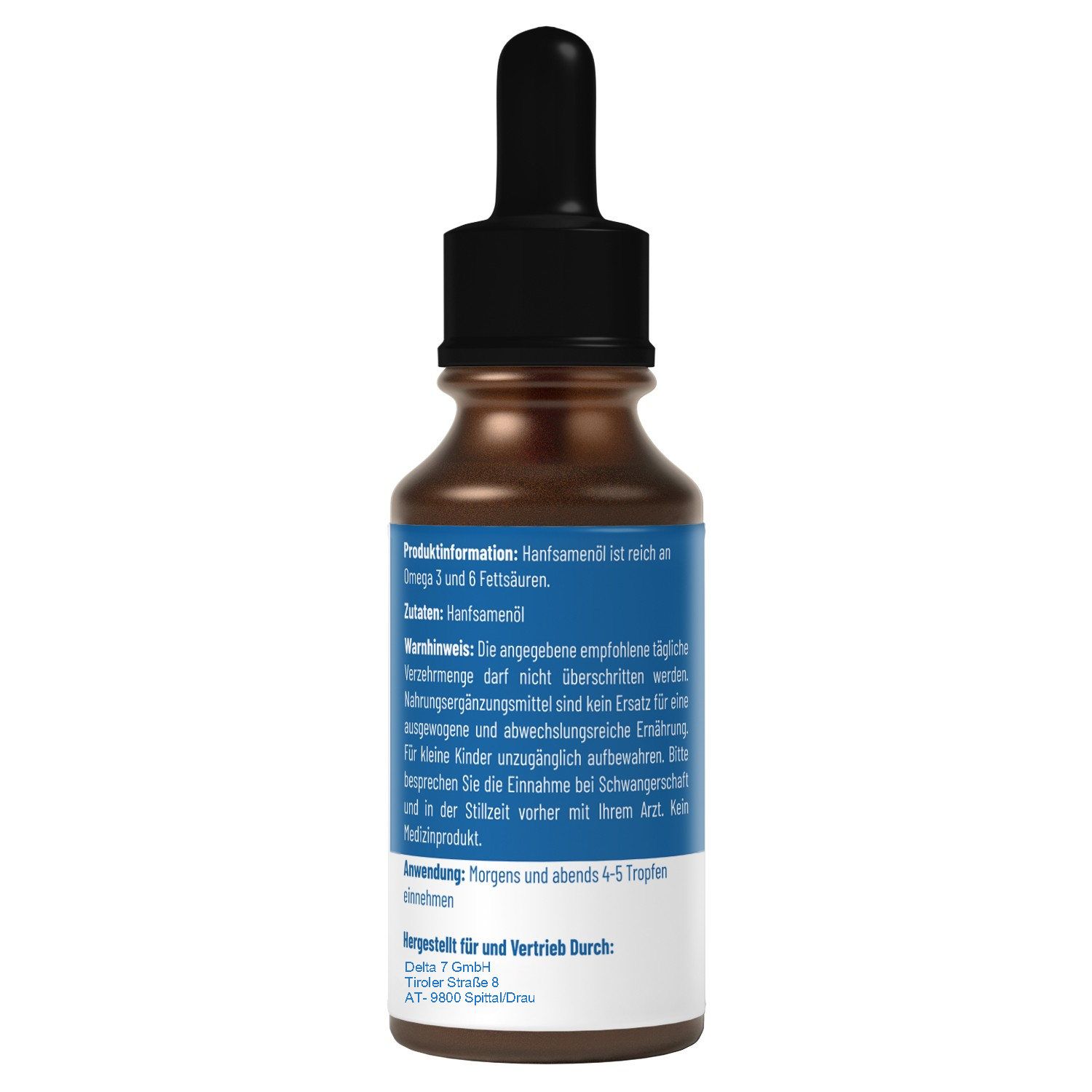 Rückseite der braunen Flasche mit Tropfer. Text: Produktinformationen, Warnhinweis, Anwendung, hergestellt und vertrieben durch.