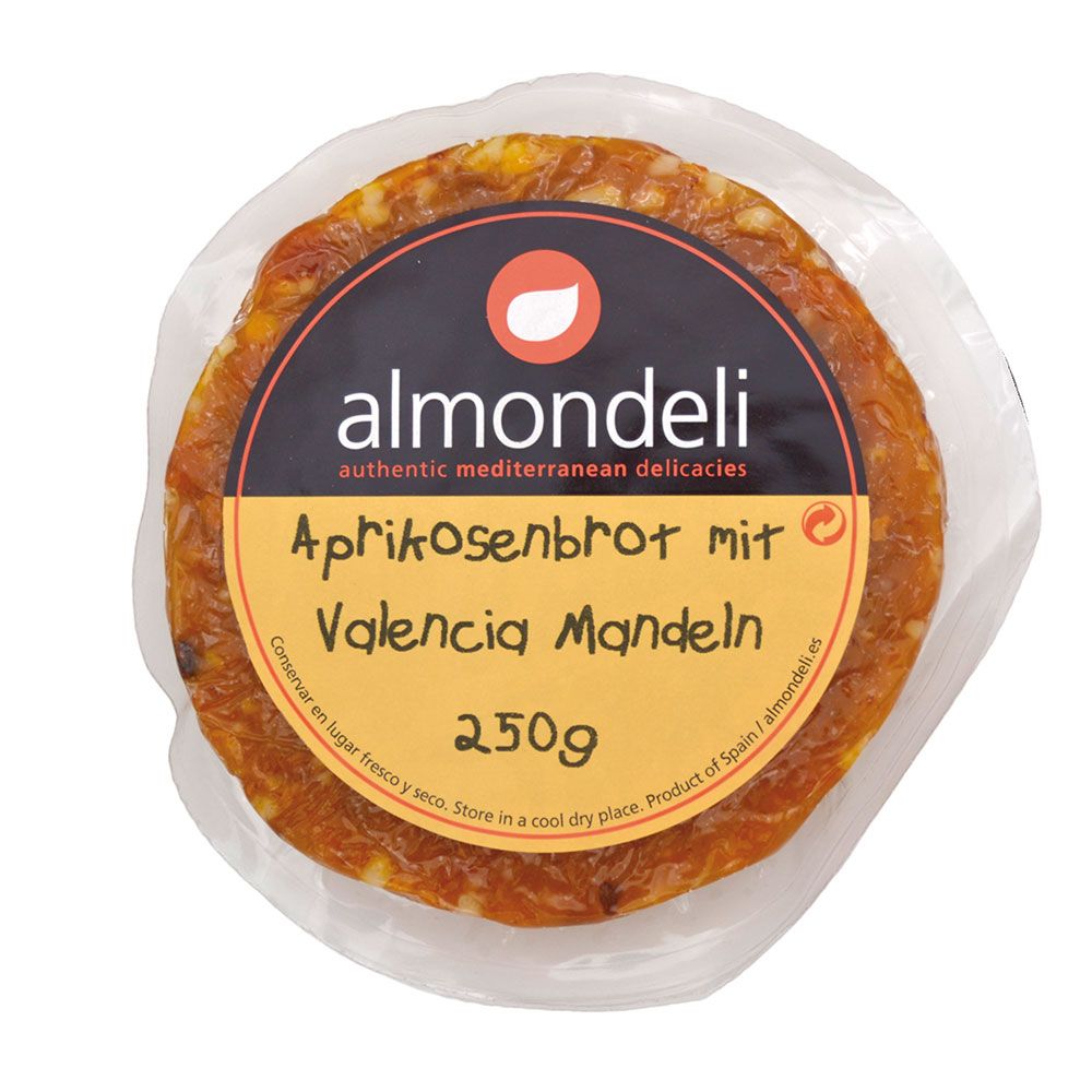 Rundes Gebäck, verpackt. Aufschrift: Aprikosenbrot mit Valencia Mandeln, 250g. Marke: almondeli.