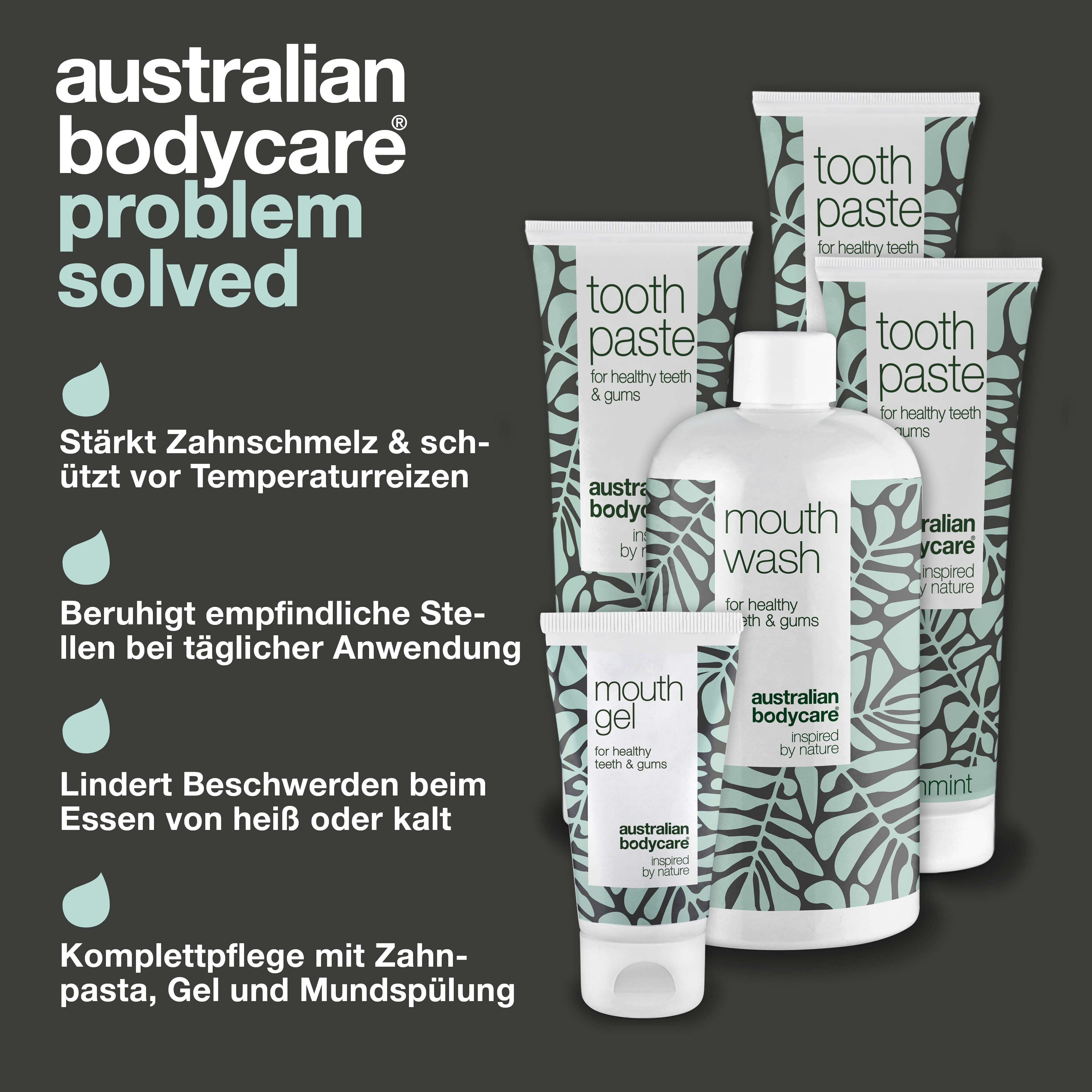Text: Australian Bodycare. Produkte: Zahnpasta, Mundspülung, Mundgel. Vorteile werden aufgelistet.