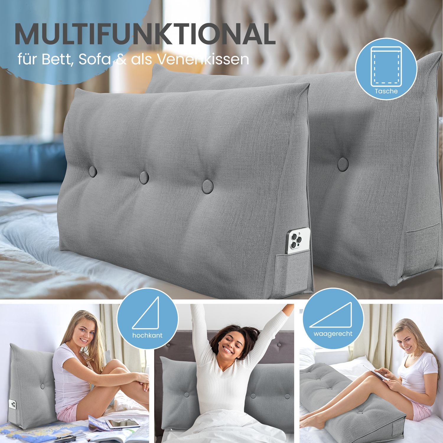 Graues Stützkissen mit Knöpfen.  Mehrere Kissen in verschiedenen Positionen.  Tasche. Text: "MULTIFUNKTIONAL".