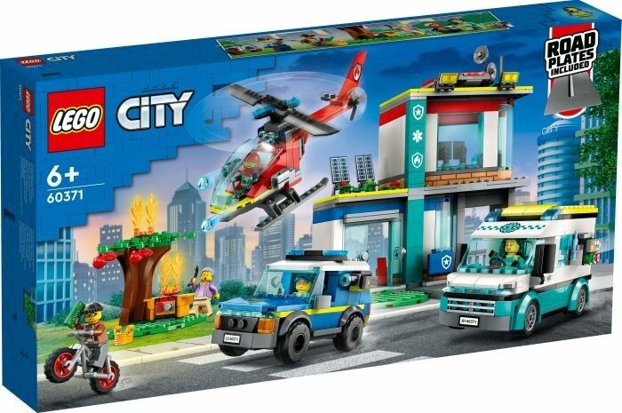 LEGO City Quartier Generale Veicoli d'Emergenza. Set con elicottero, veicoli ed edificio. Età consigliata 6+.