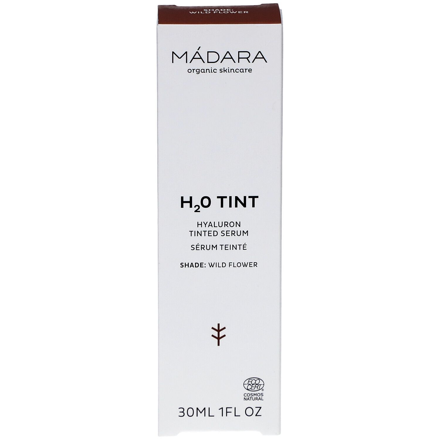 Weiße Produktverpackung mit braunem Deckel. Aufschrift: MÁDARA, H2O TINT, Hyaluron Tinted Serum, Shade: Wild Flower. 30ml.