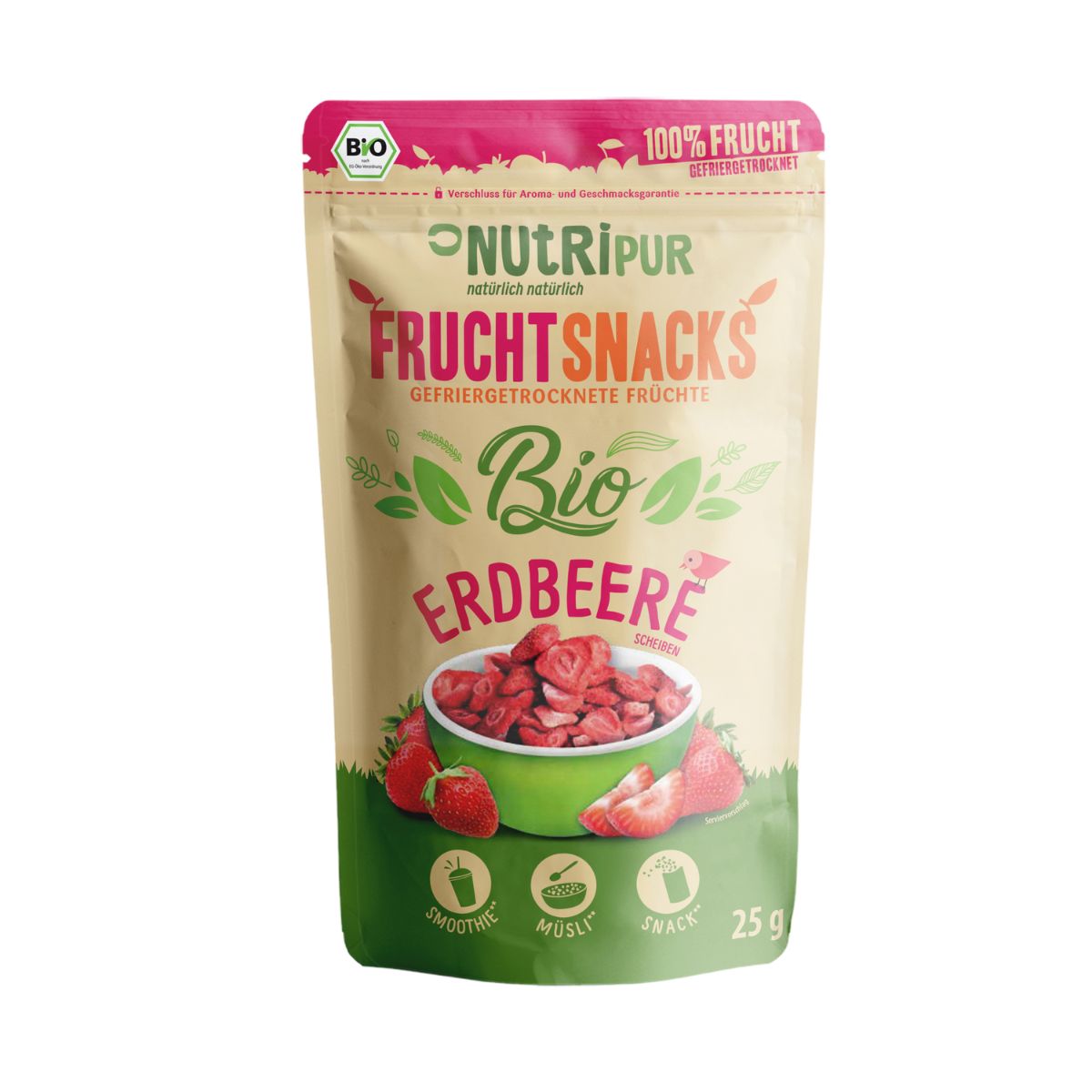 Beutel mit gefriergetrockneten Erdbeeren. Aufschrift: NutriPur, Bio, Frucht Snacks. 25g Packung. Abbildung von Erdbeeren in Schüssel.