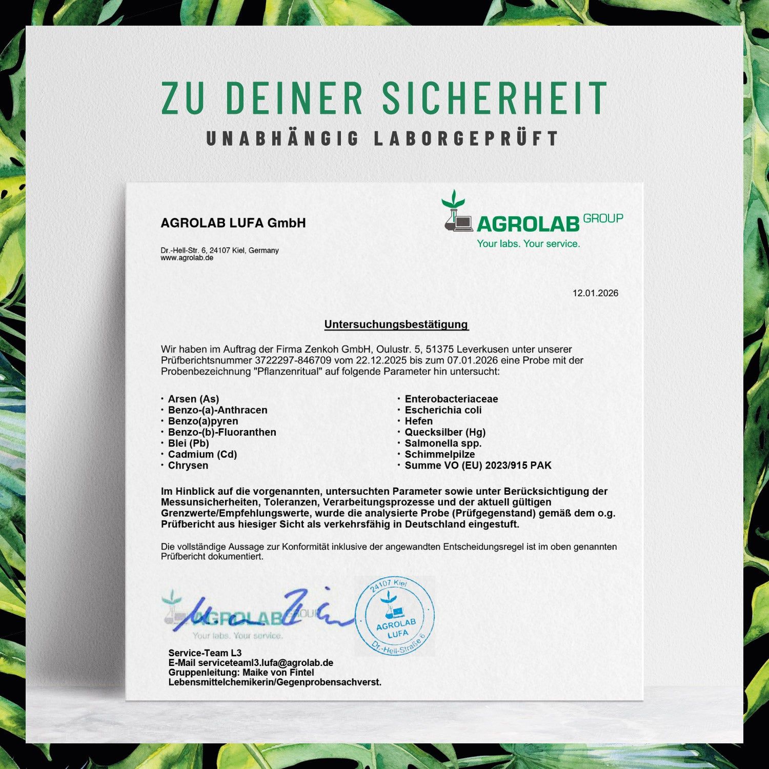 Zertifizierungsdokument von AGROLAB LUFA GmbH. Unabhängig laborgeprüft. Unterschriftsbereich und Stempel.