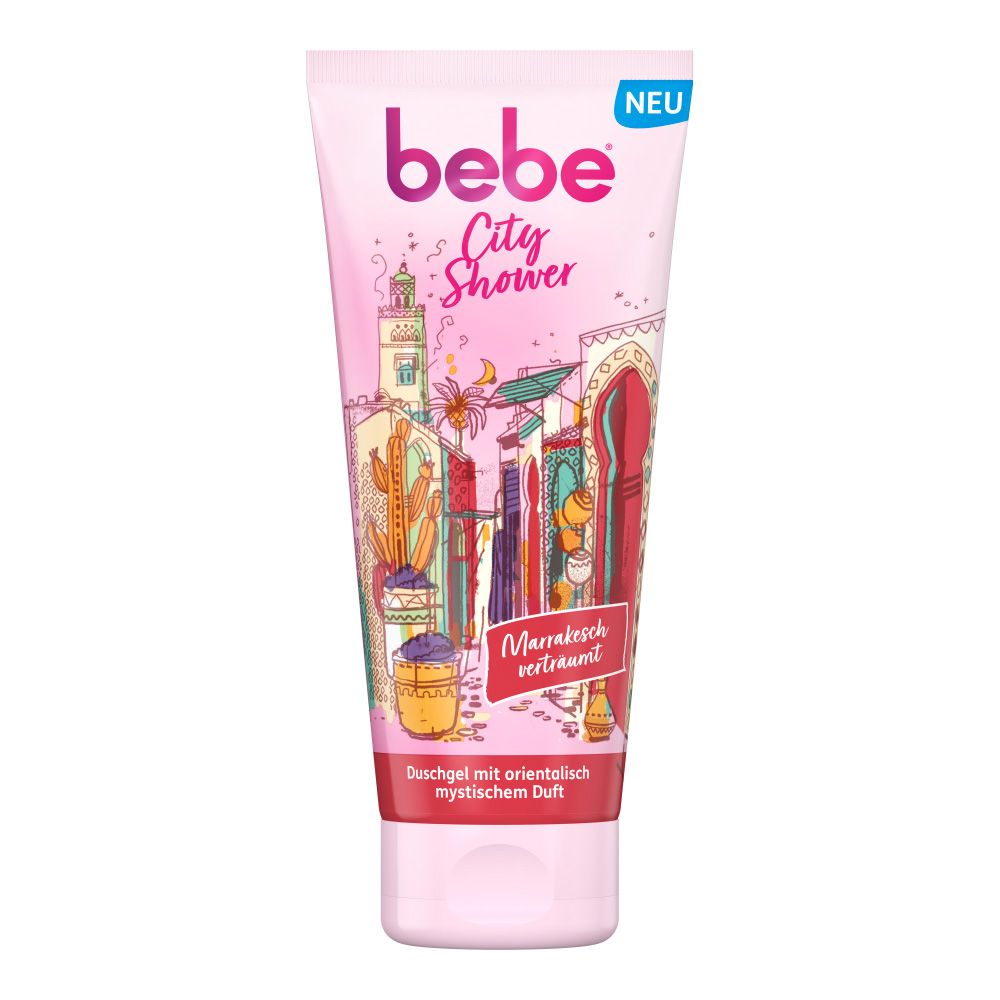 Rosa Tube mit bebe City Shower Marrakesch. Illustration einer Stadt. "Neu"-Label.