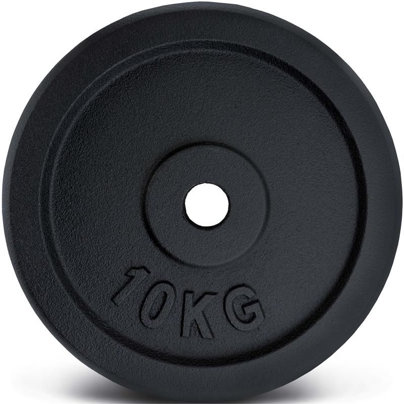 Schwarze Hantelscheibe mit Loch in der Mitte. Geprägt: "10KG".