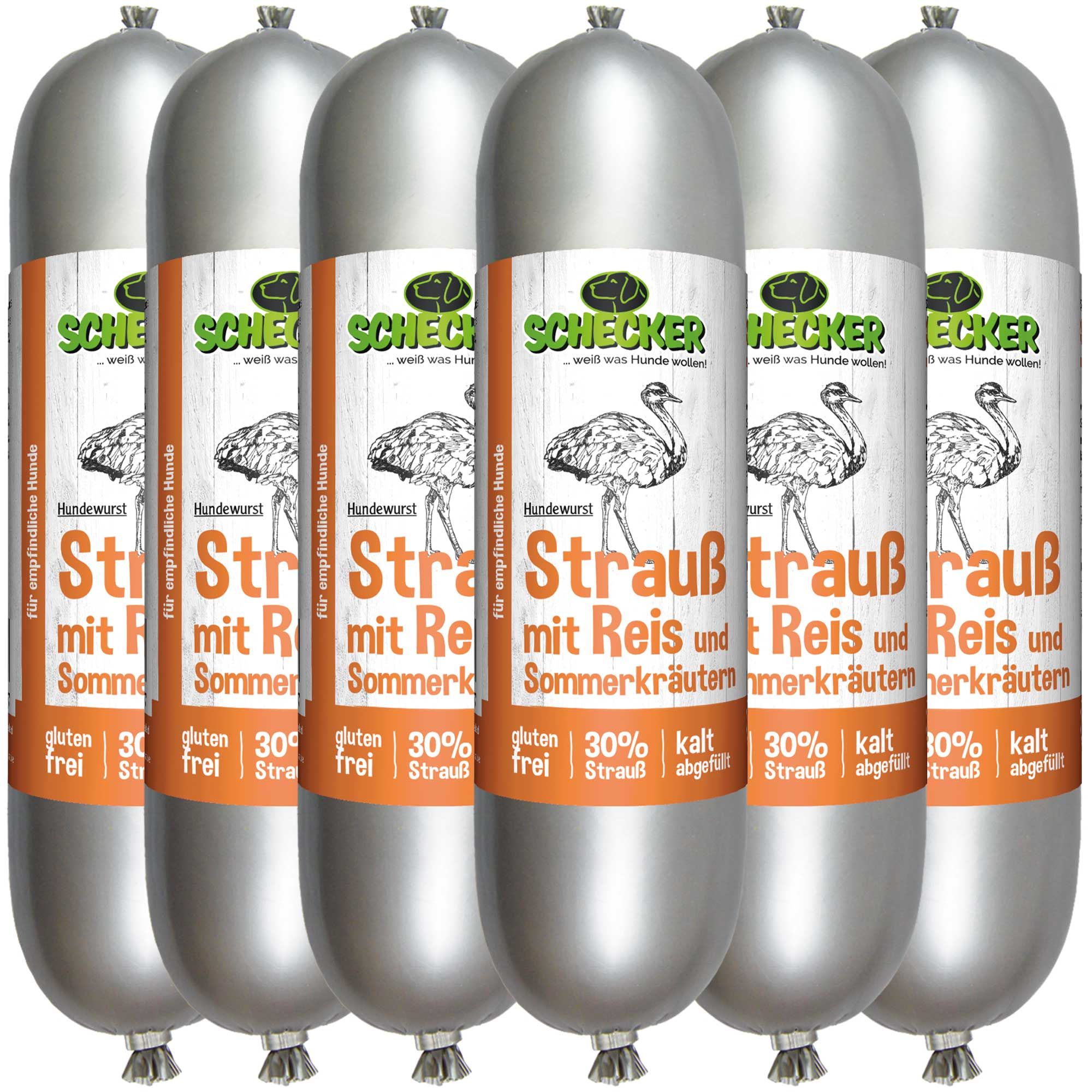 Sechs Würste mit Etikett. Aufschrift: Strauß mit Reis und Sommerkräutern, 30% Strauß, glutenfrei, kalt abgefüllt. Verpackung: silberfarben, zylindrisch.