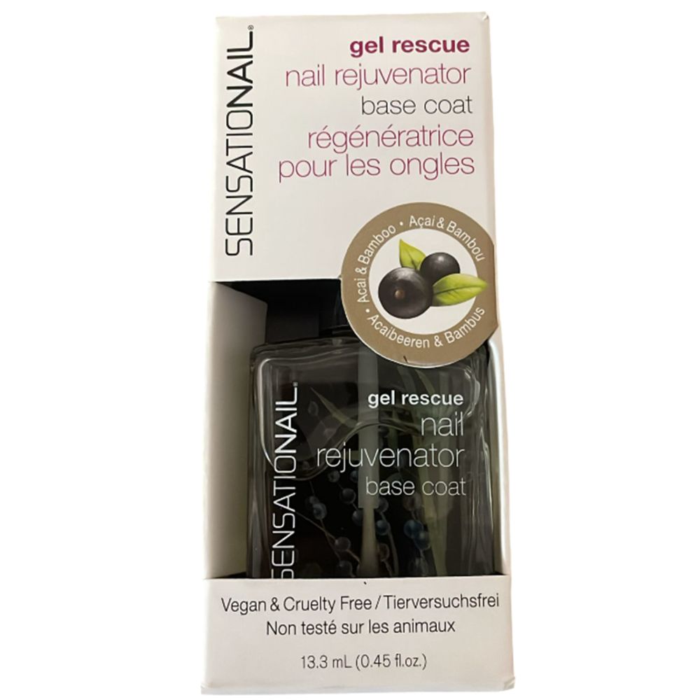 Sensationail Gel Rescue Base Coat. Flasche in Verpackung. Vegan & tierversuchsfrei. Enthält Acai & Bambus. 13,3 ml.