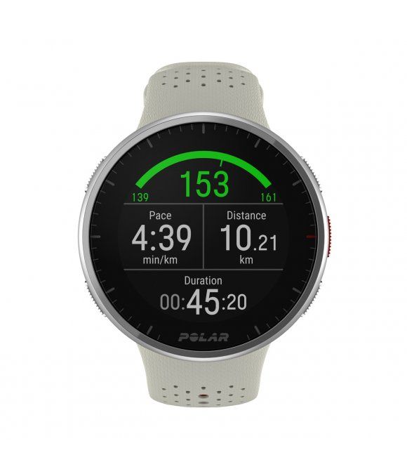 Fitness-Tracker Polar Pacer Pro, weißes Armband, Display mit Daten: Tempo, Distanz, Dauer. Marke Polar.