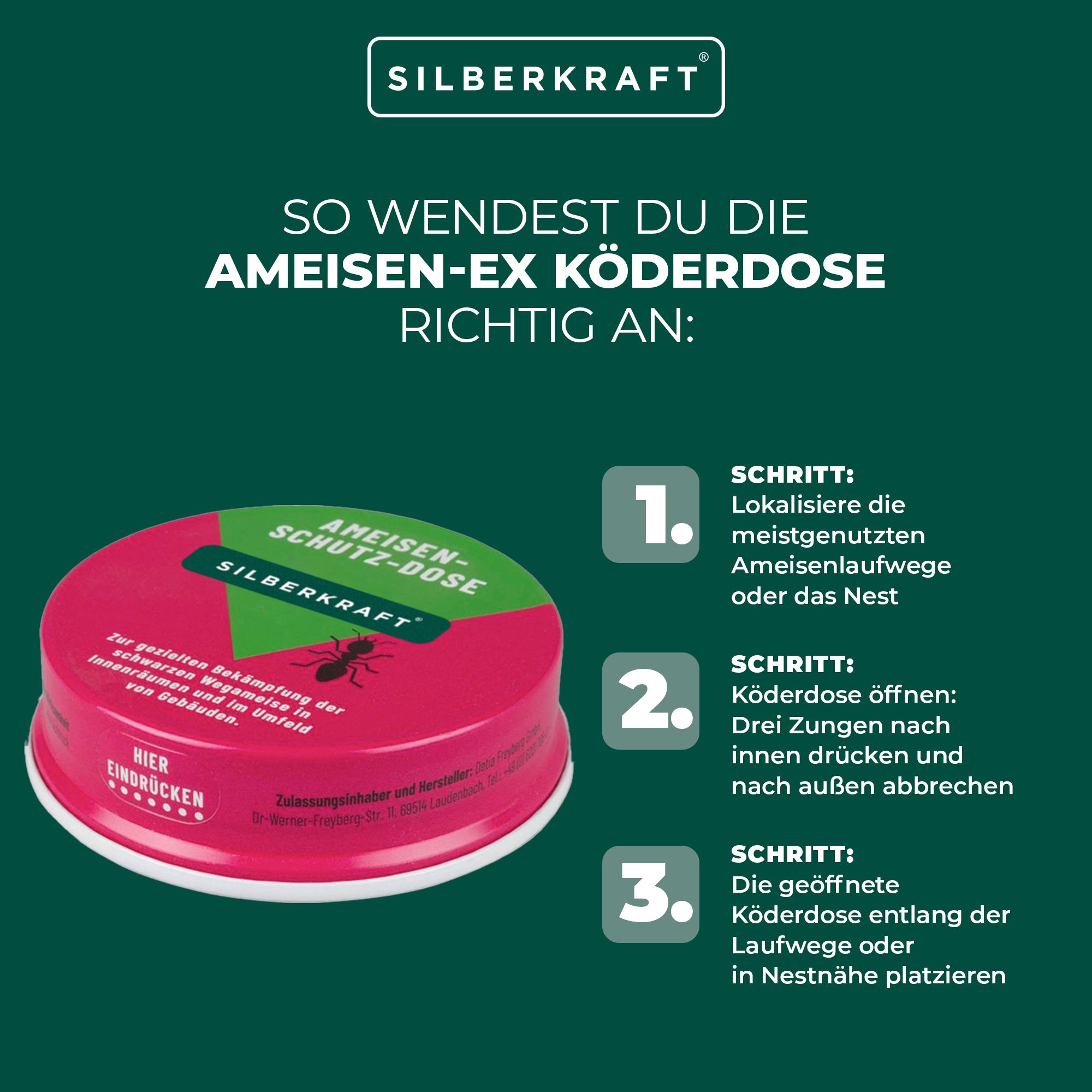 Nahaufnahme einer Ameisen-Ex Köderdose. Rote Dose mit grünem Deckel und Produktinformationen. Marke: SILBERKRAFT. Anwendungsanleitung mit 3 Schritten.