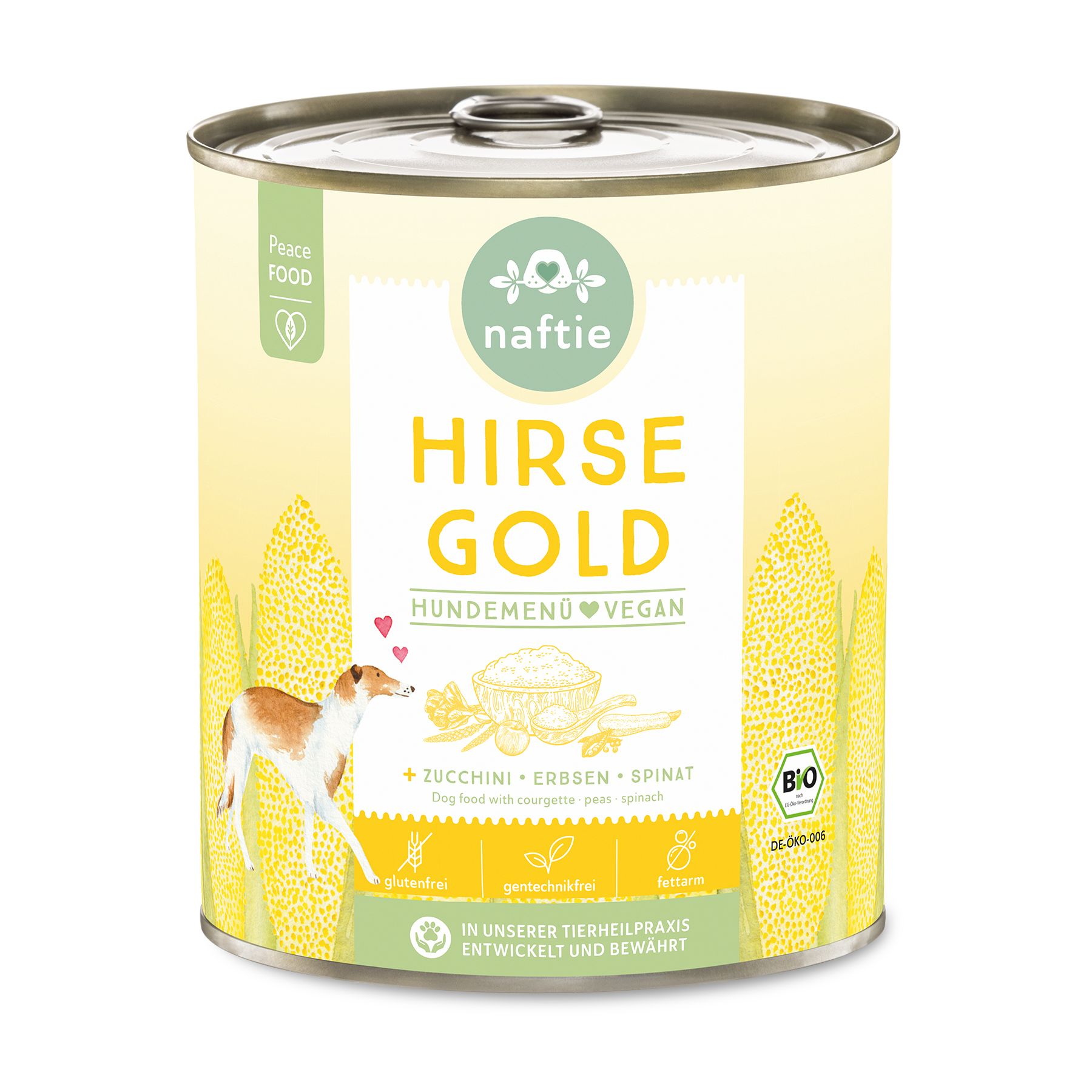 Eine Dose "naftie Bio Hirse Gold" Hundemenü. Aufschrift: Hirse Gold, Hundemenü Vegan. Bio-Siegel. Abbildung eines Hundes.