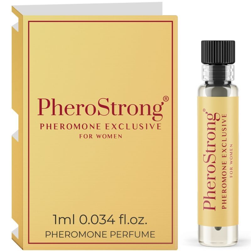Goldfarbene Verpackung und Flakon. Aufschrift PheroStrong, Pheromone Exclusive für Frauen. 1ml Flakon.