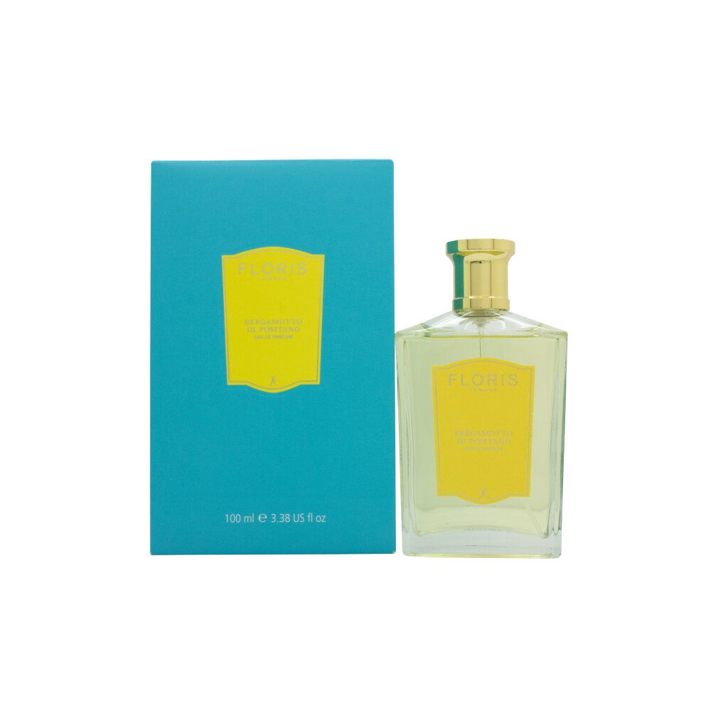 Türkisfarbene Schachtel und Flakon. Auf der Schachtel und dem Flakon steht "FLORIS LONDON" und "Bergamotto di Positano".
