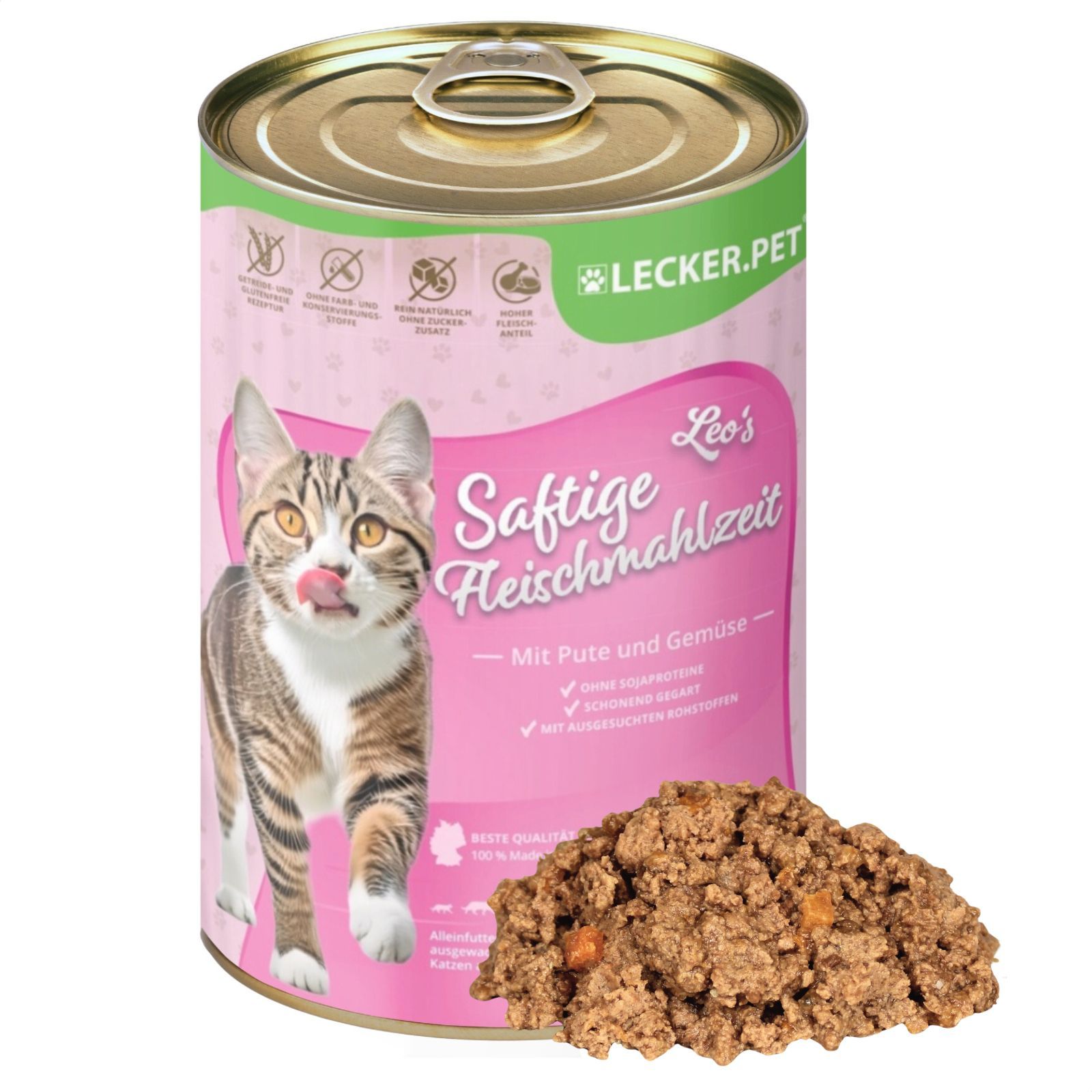 Eine pinke Dose Katzenfutter mit einem Kätzchenbild und der Aufschrift 'Leo's Saftige Fleischmahlzeit'. Daneben liegt eine Portion Futter.