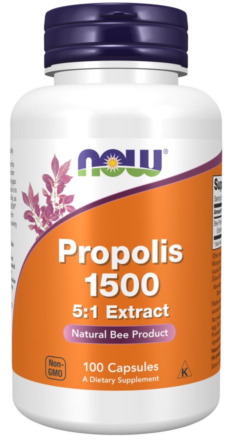 Weiße Flasche mit lila Deckel. Orangefarbenes Etikett mit Produktnamen und Text. Enthält 100 Kapseln. NOW FOODS Propolis 1500 mg.