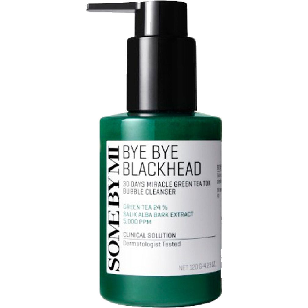 Grüne Flasche mit schwarzem Pumpkopf. Text: Bye Bye Blackhead, Green Tea 24%, Salix Alba Bark Extract. Marke: SOMEBYMI.