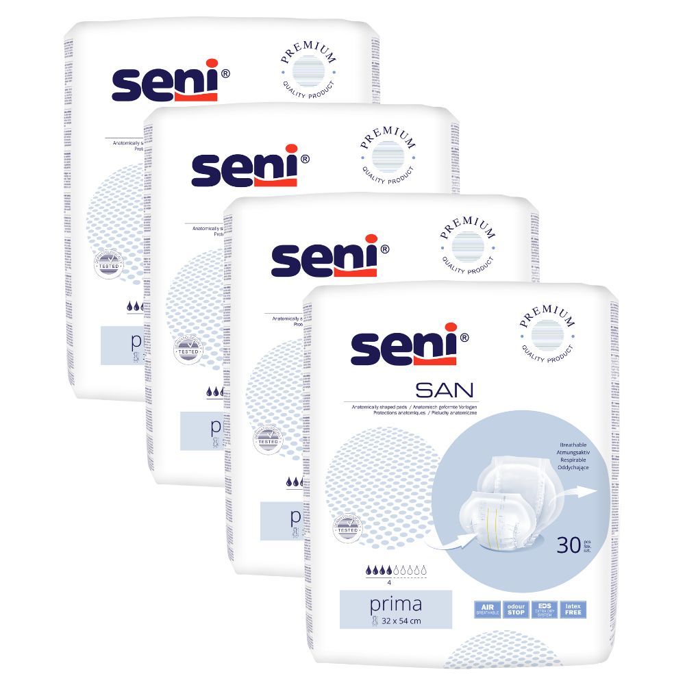 Vier Packungen Seni San Prima Inkontinenzvorlagen. Weiße Verpackung mit Seni-Logo und Produktinformationen. Premium-Qualität.