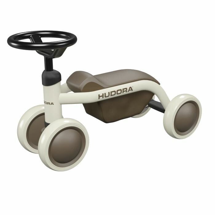 Laufrad in Beige und Braun. Lenker, Sitz und vier Räder. Marke HUDORA.