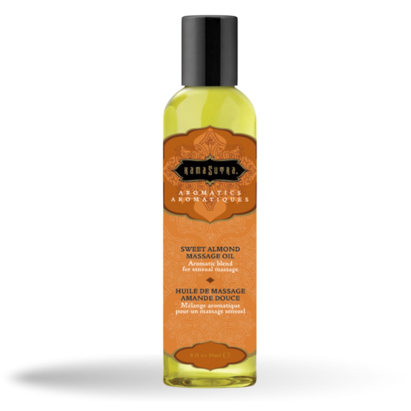 Massageöl-Flasche mit schwarzem Deckel. Etikett mit Produktnamen und Aromabezeichnung. Klarer Inhalt.