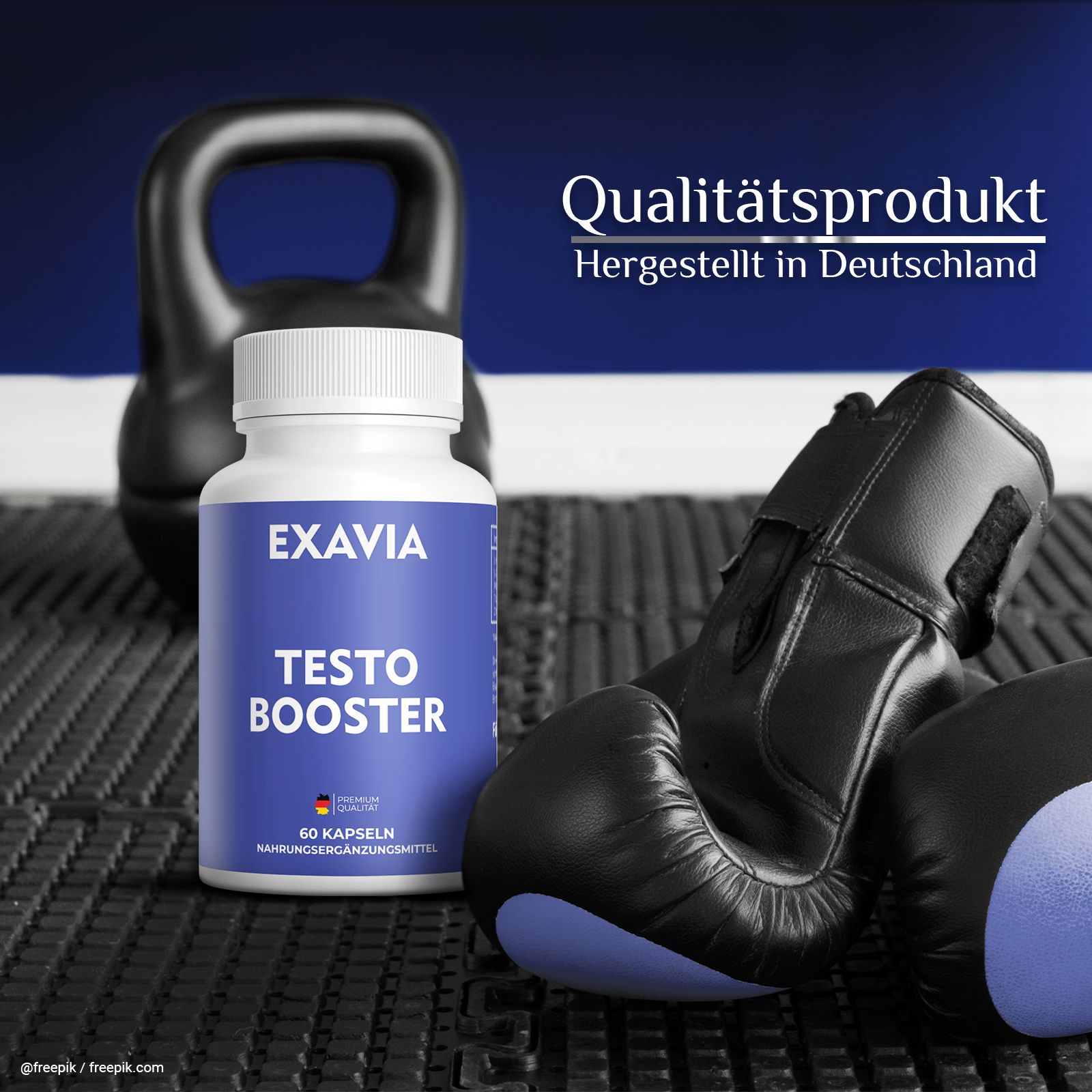 Weiße Flasche mit blauem Etikett. Aufschrift: EXAVIA, TESTO BOOSTER. Enthält 60 Kapseln. Deutsches Qualitätssiegel.