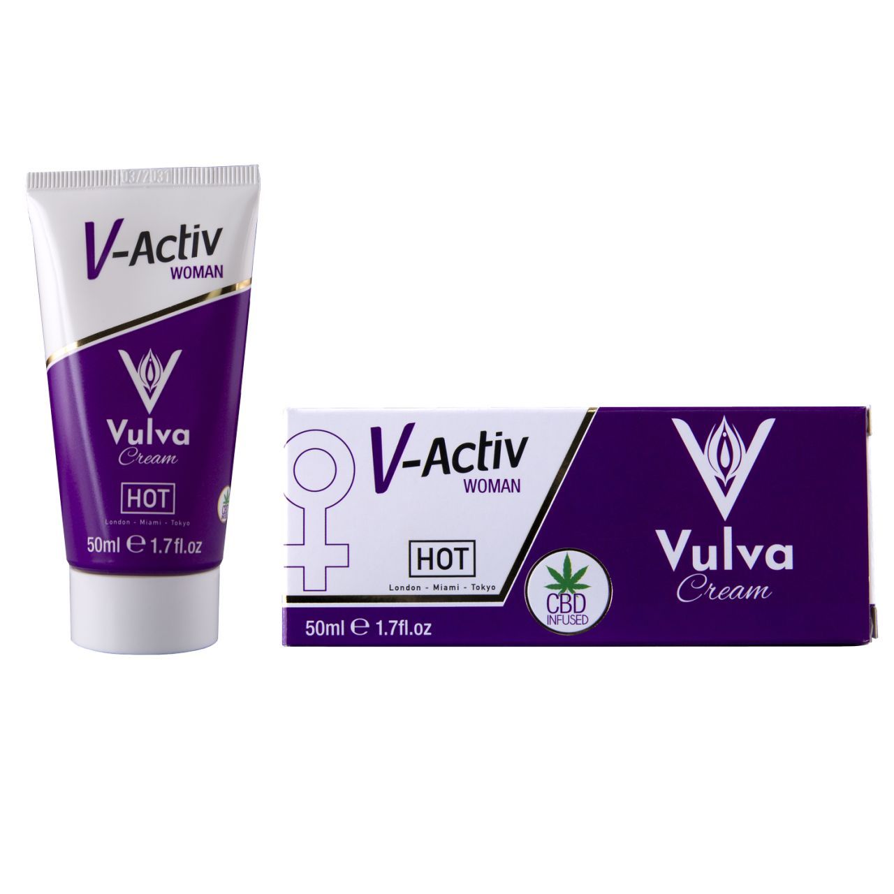 Produkt: V-Activ Vulva Cream. Tube und Verpackung nebeneinander. Lila und weiße Farbgebung. 50ml.