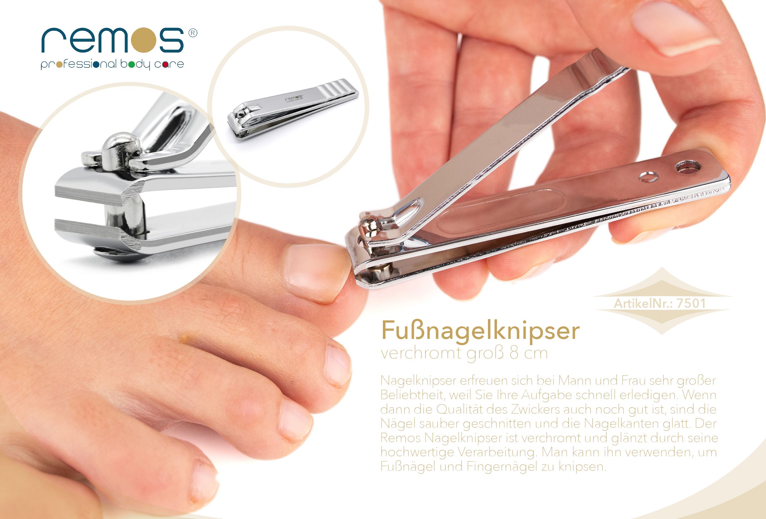 Verpackung mit Nagelknipser, Lupe und Fuß.