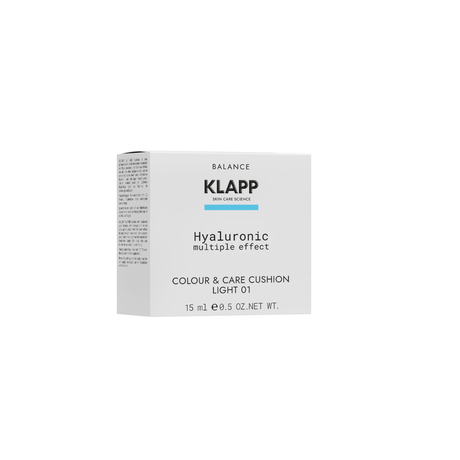 Weißer Karton mit Text. Schriftzug 'KLAPP', 'Hyaluronic multiple effect', 'COLOUR & CARE CUSHION LIGHT 01'.