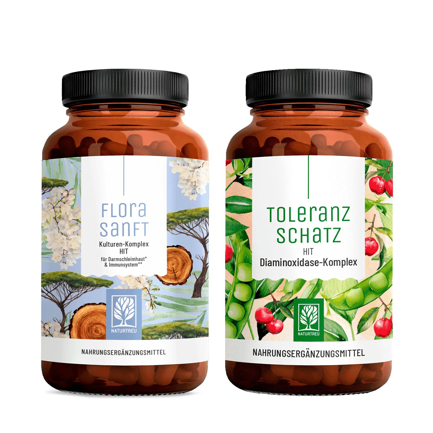 Zwei braune Pillenflaschen mit Etiketten. Links: FLORASANFT. Rechts: TOLERANZSCHATZ. Beide mit schwarzem Deckel.