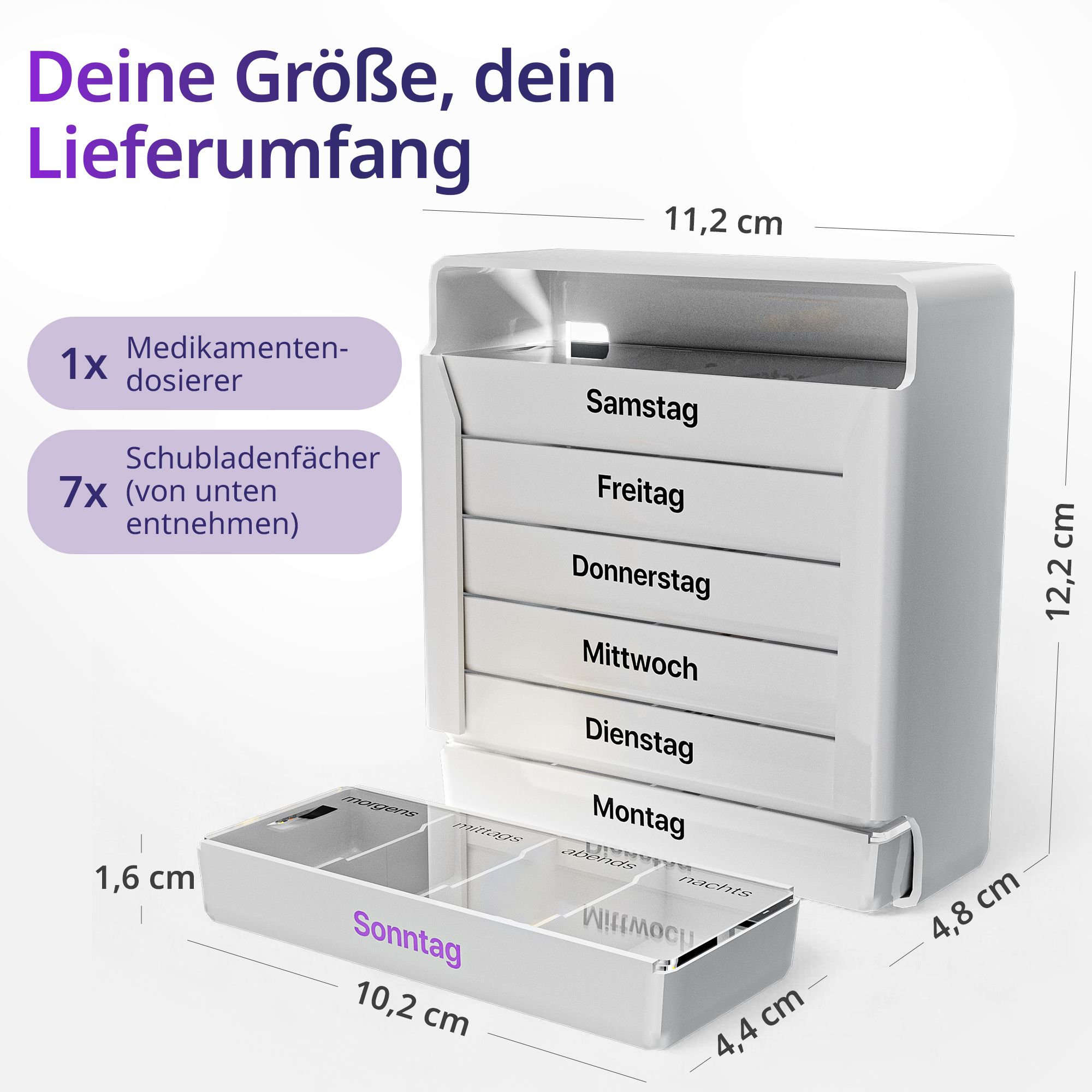 Weißer Tabletten-Organizer mit 7 Schubladen. Maße: 11,2 x 12,2 x 4,8 cm. Schublade: 10,2 x 4,4 x 1,6 cm.