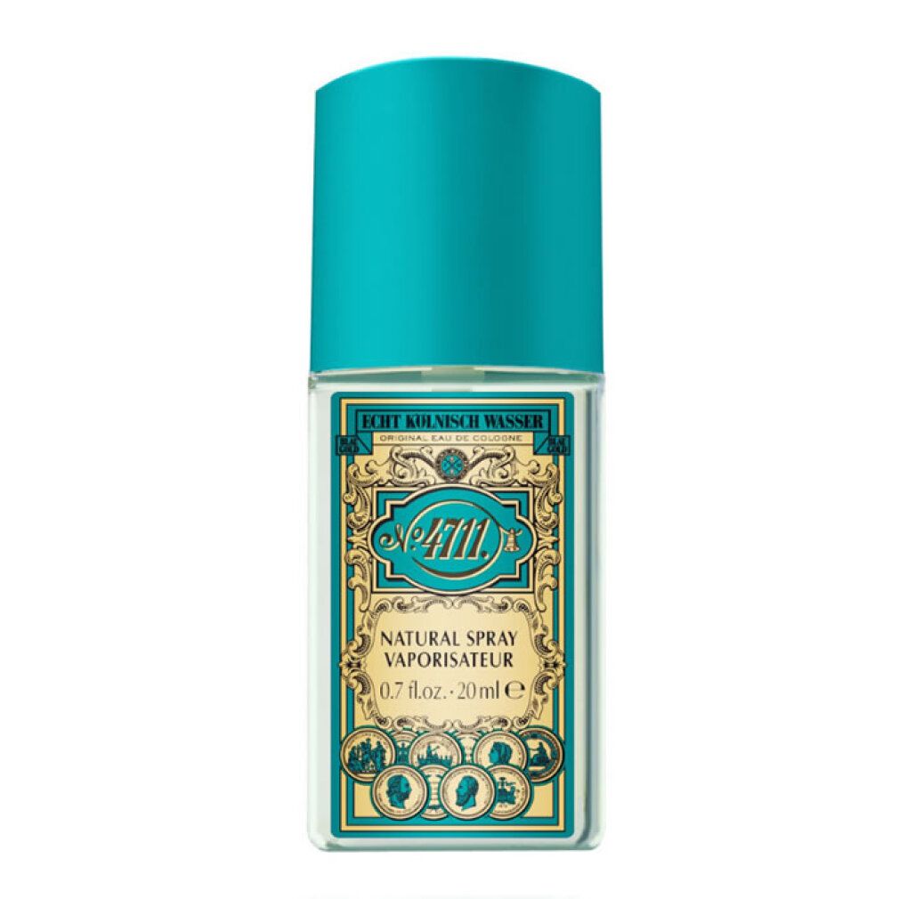 Klarer Flakon mit türkisfarbenem Deckel. Aufschrift: Echt Kölnisch Wasser, No. 4711, Natural Spray Vaporisateur, 20ml.