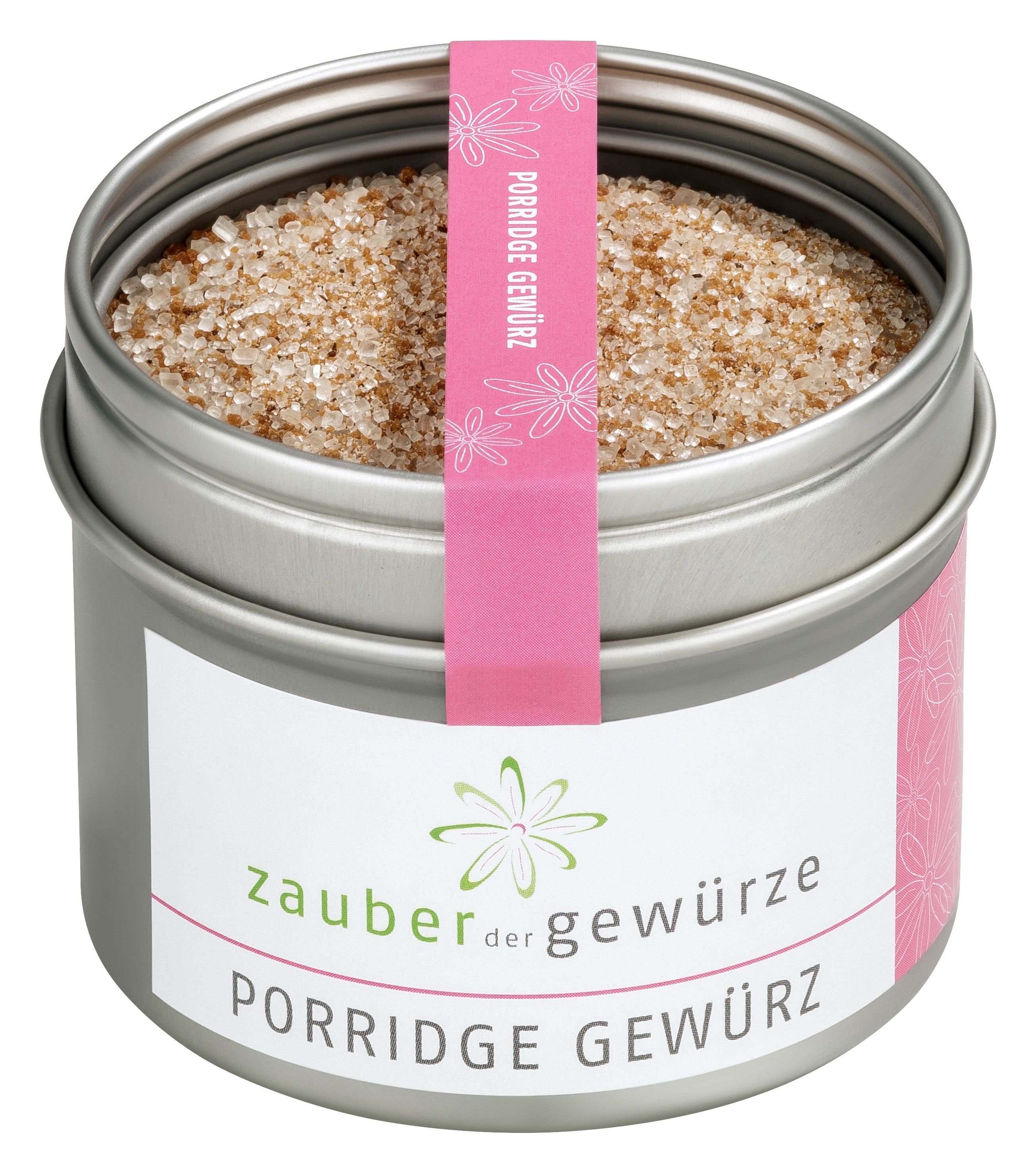 Metallbehälter mit Porridge Gewürz. Rosa Etikett mit Produktnamen. Deckel mit Gewürz gefüllt.