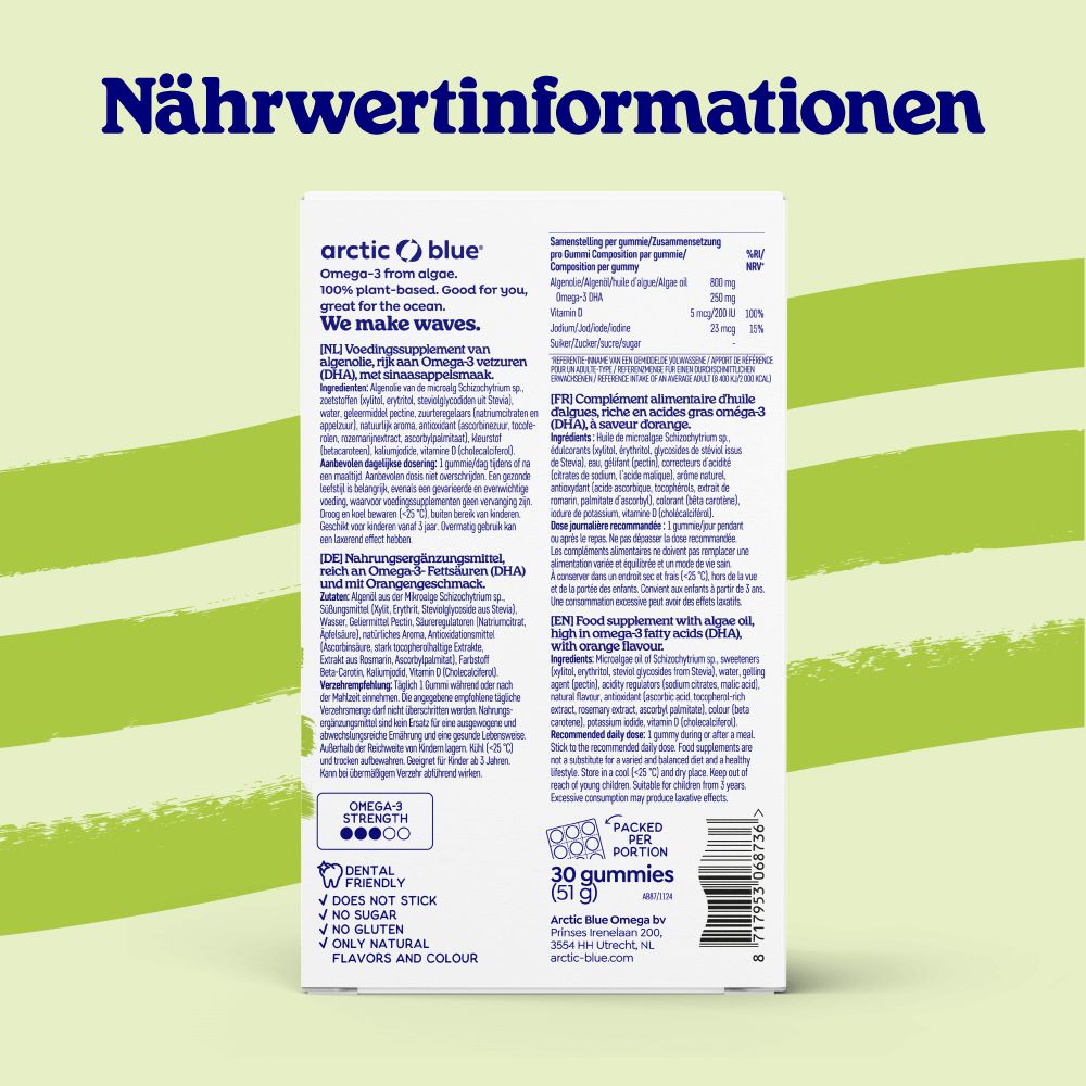 Rückseite der Verpackung mit Inhaltsstoffen und Nährwertangaben. Enthält: Omega-3, DHA, EPA, Vitamin D, Jod.