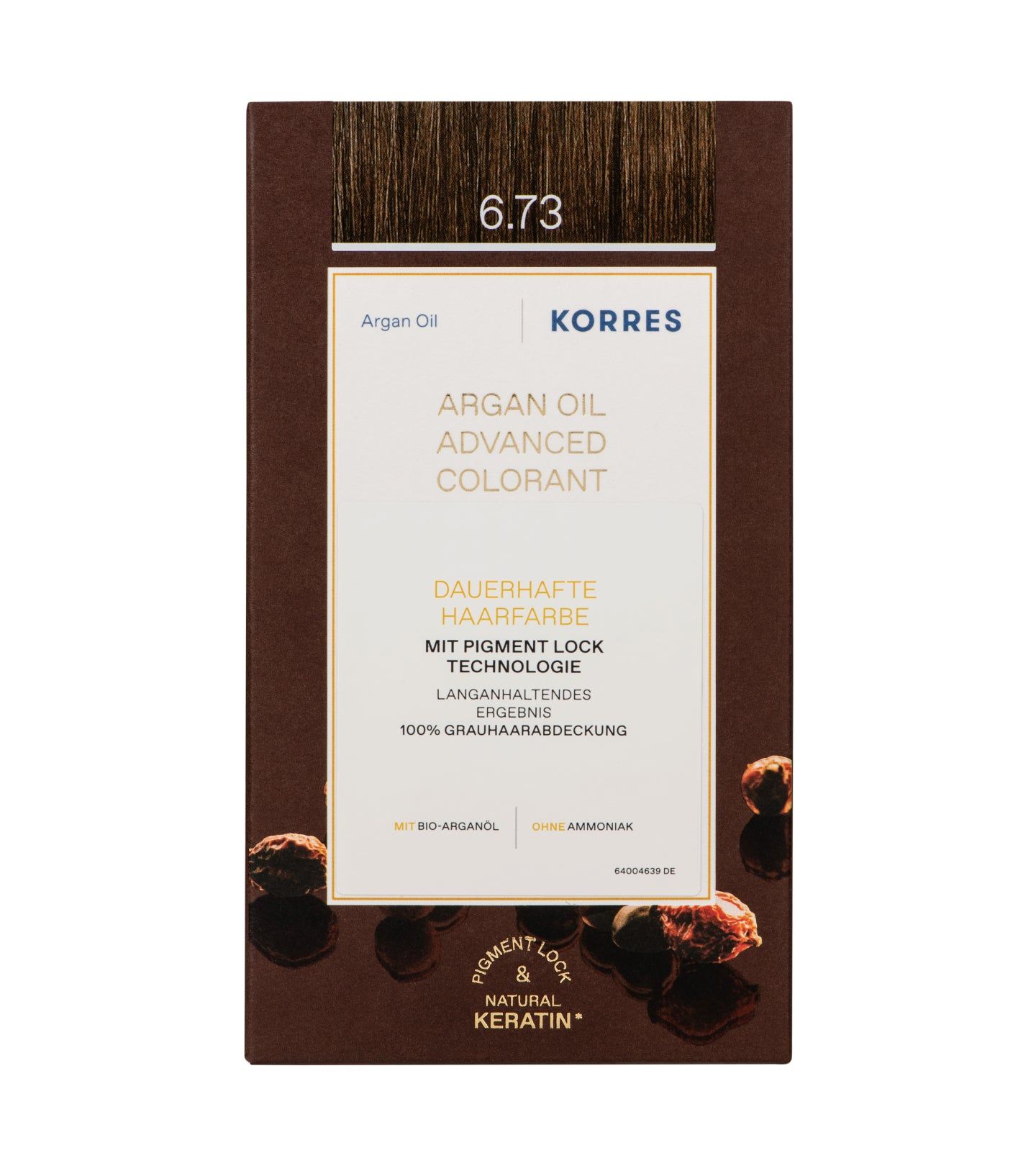 Produktverpackung. Oben steht "6.73". Aufschrift: KORRES, Argan Oil Advanced Colorant, Dauerhafte Haarfarbe.