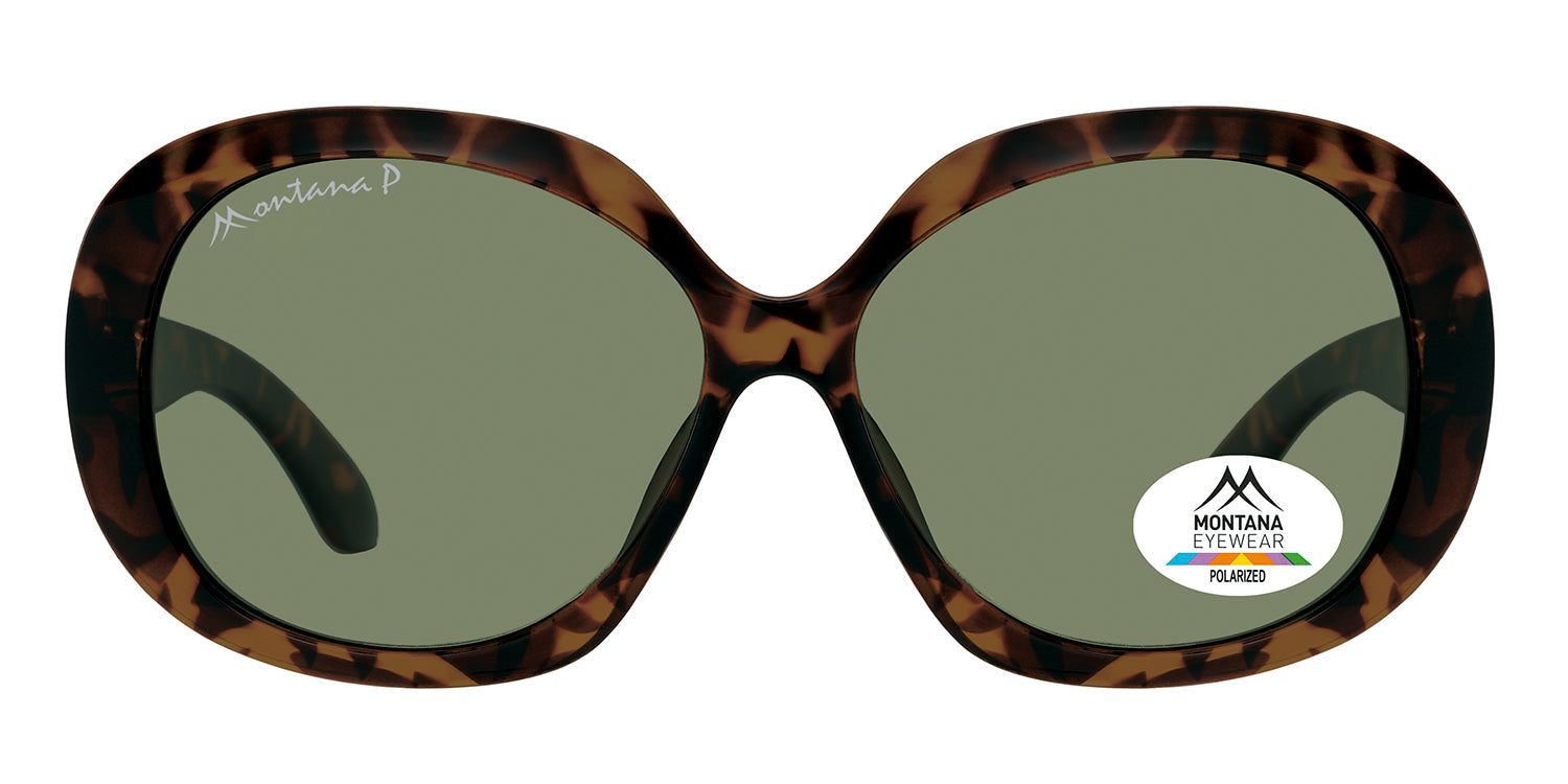 Sonnenbrille mit braunem Gestell und grünen Gläsern. Montana Eyewear Logo auf dem Glas und Bügel. Polarisiert.