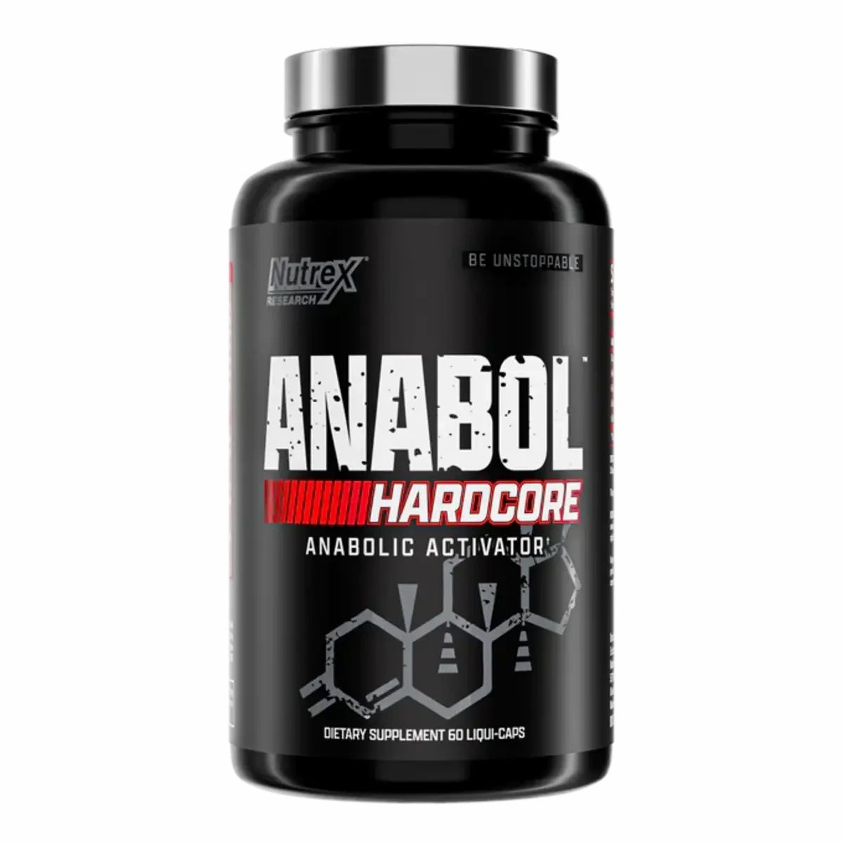 Schwarze Flasche mit silbernem Deckel. Aufschrift: ANABOL HARDCORE, Anabolic Activator. Marke: Nutrex Research.