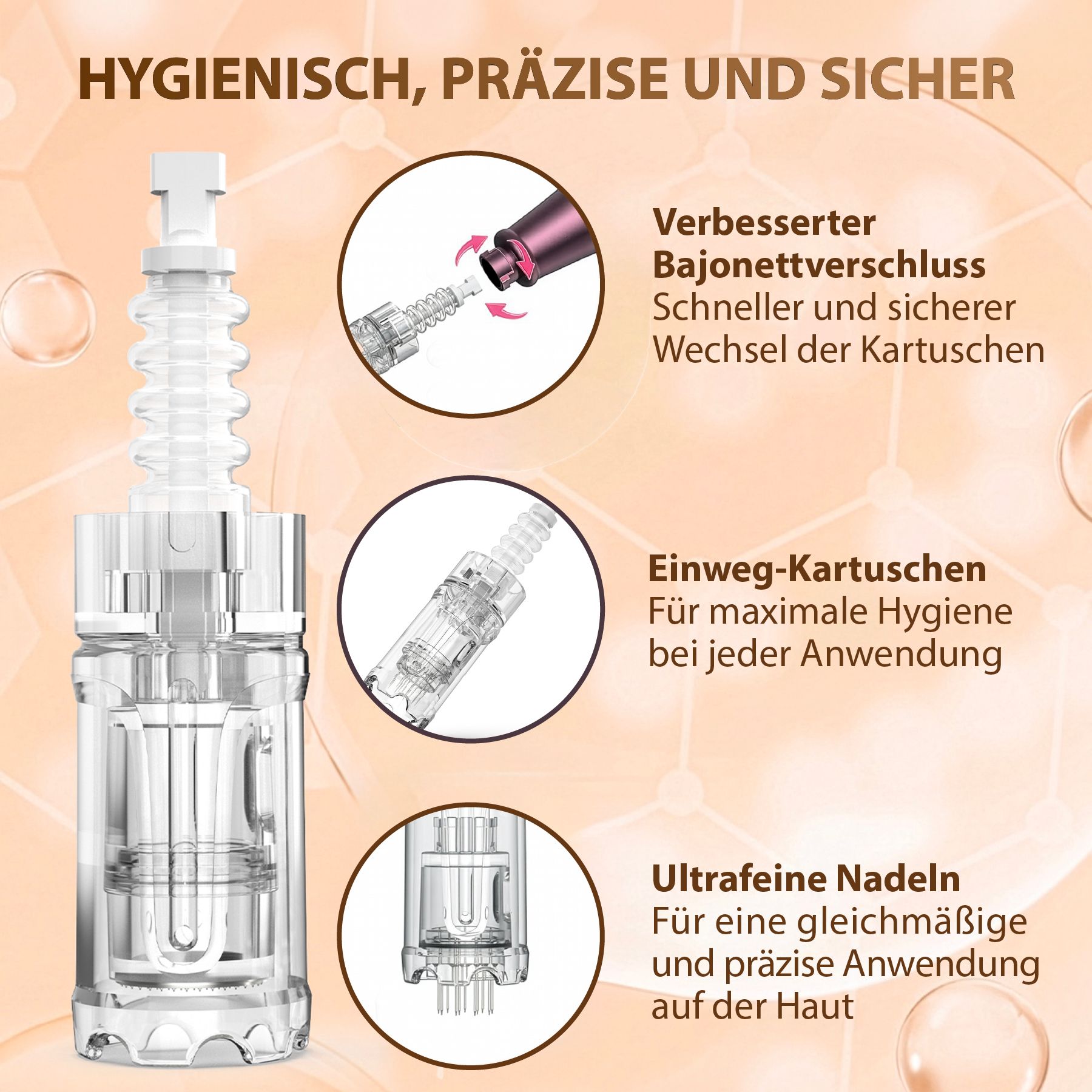 Einweg-Kartusche für Derma-Pen mit Bajonettverschluss und ultrafeinen Nadeln.