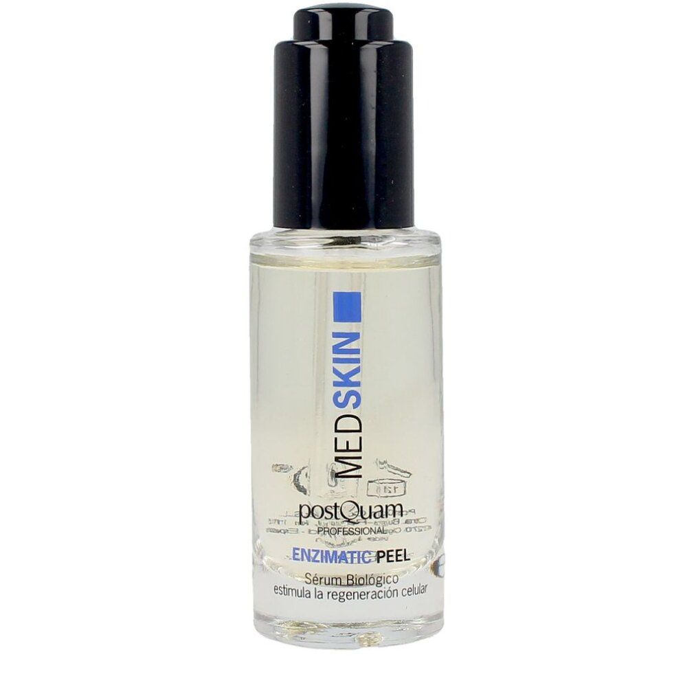 Serumflasche mit schwarzem Deckel und Pipette. Aufschrift: MEDSKIN, ENZIMATIC PEEL. Klare Flüssigkeit sichtbar.