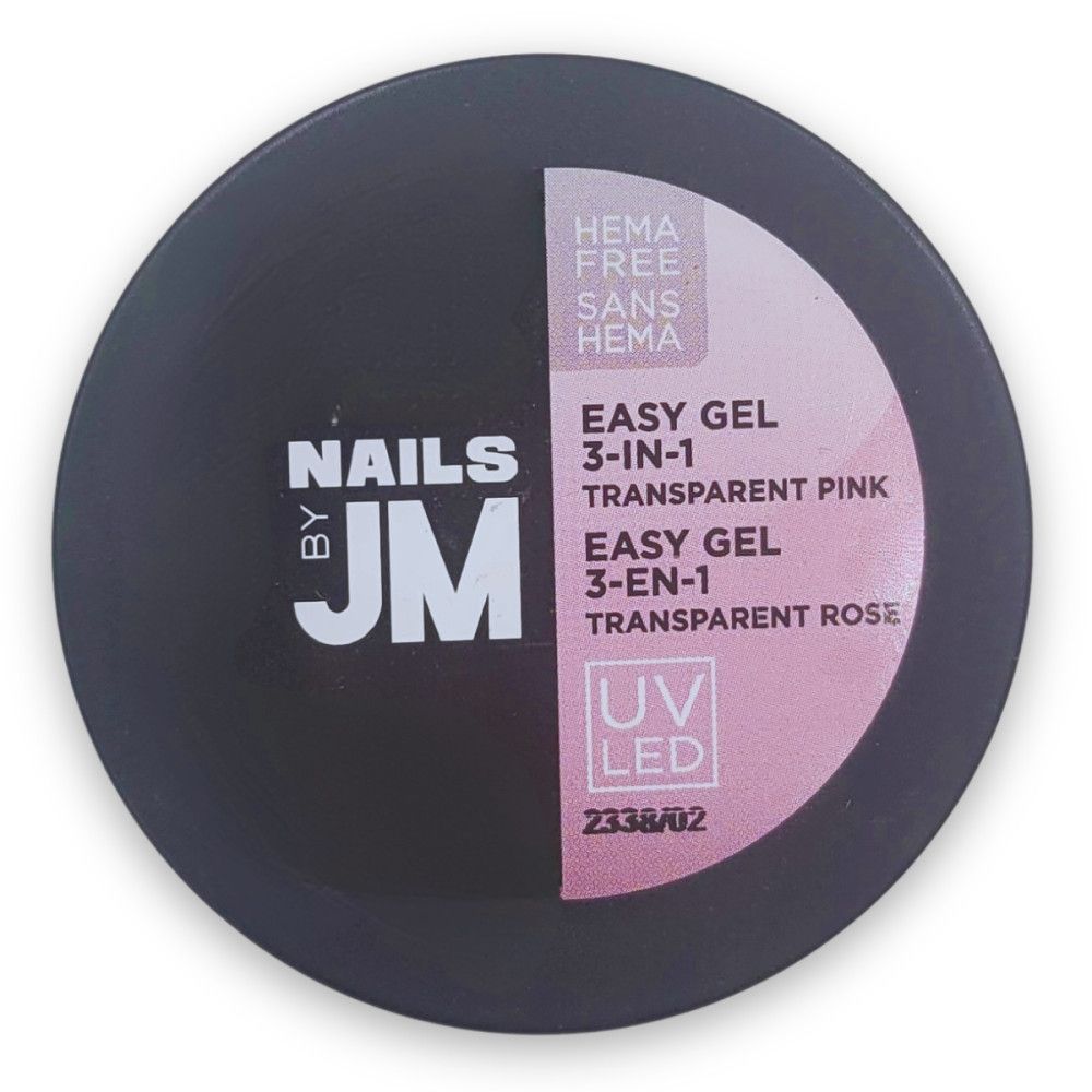 Runder, schwarzer Behälter. Aufschrift: Nails by JM, Easy Gel 3-in-1, Transparent Pink, Easy Gel 3-EN-1, Transparent Rose. HEMA-frei. UV LED.