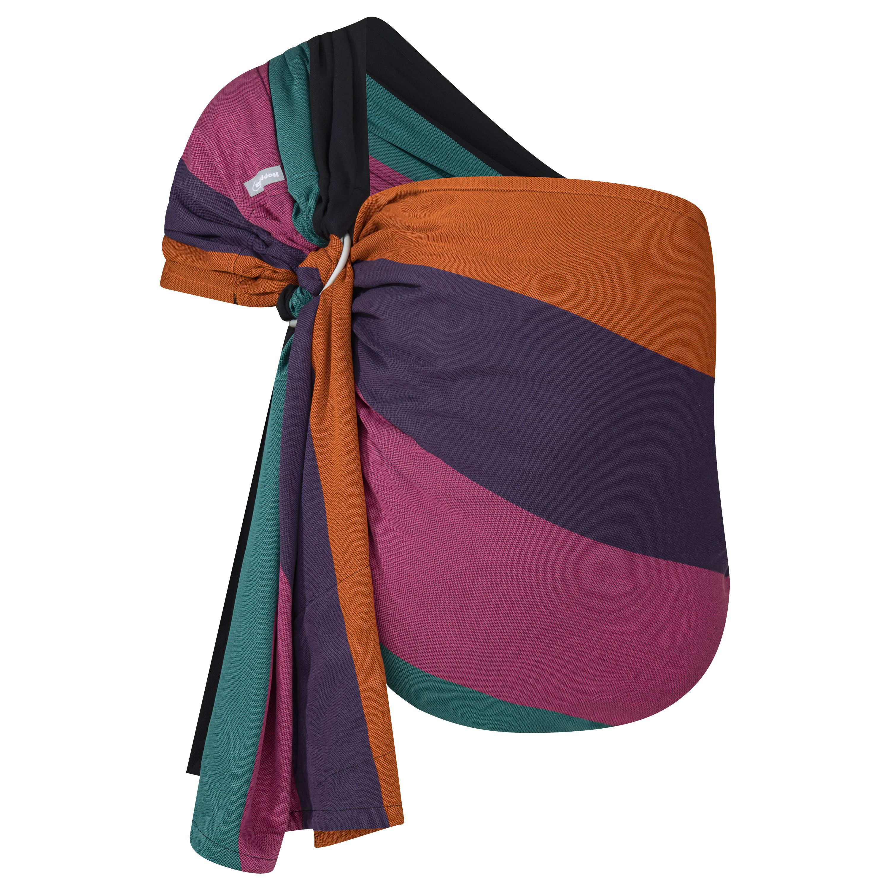 Ring-Sling mit farbigen Streifen. Stoff durch Metallring geführt. Verschiedene Farben: Orange, Lila, Grün, Schwarz.