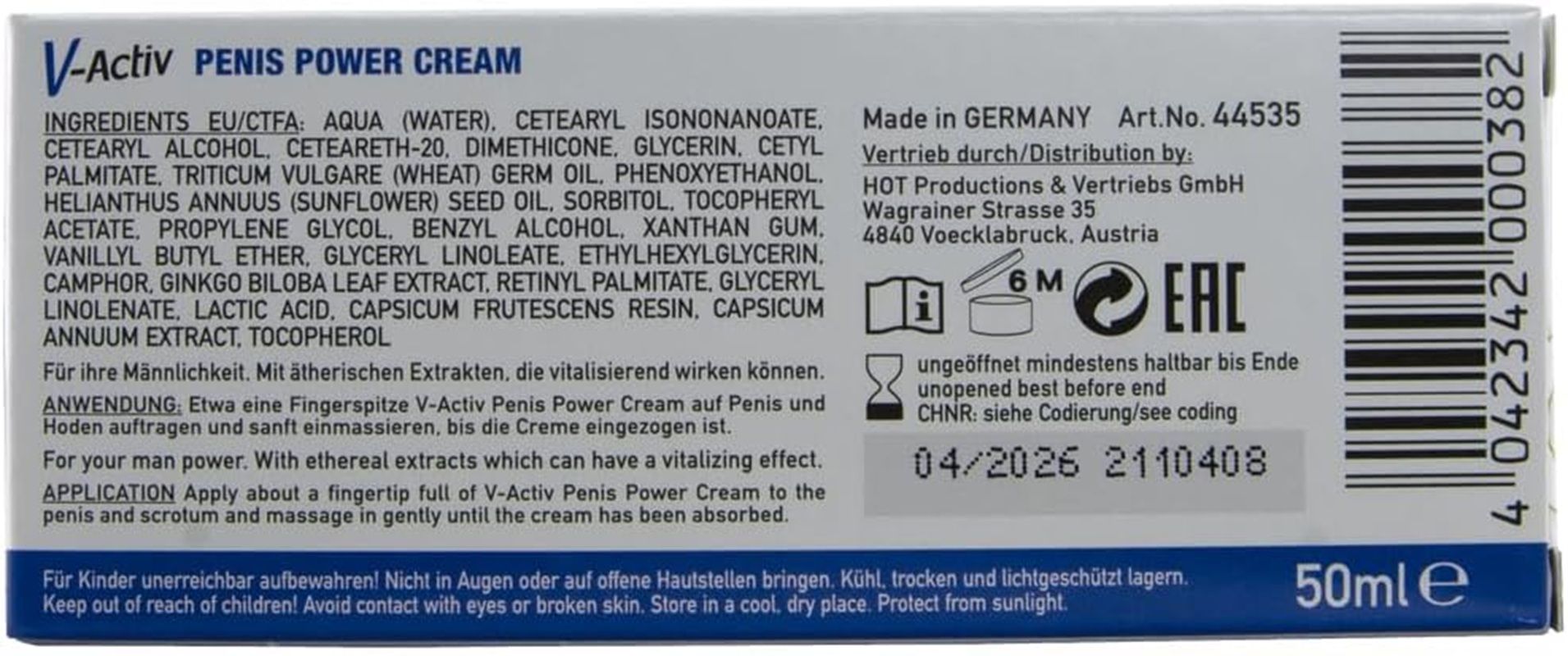 V-Activ Penis Power Cream Karton, Vorderseite mit männlichem Symbol.