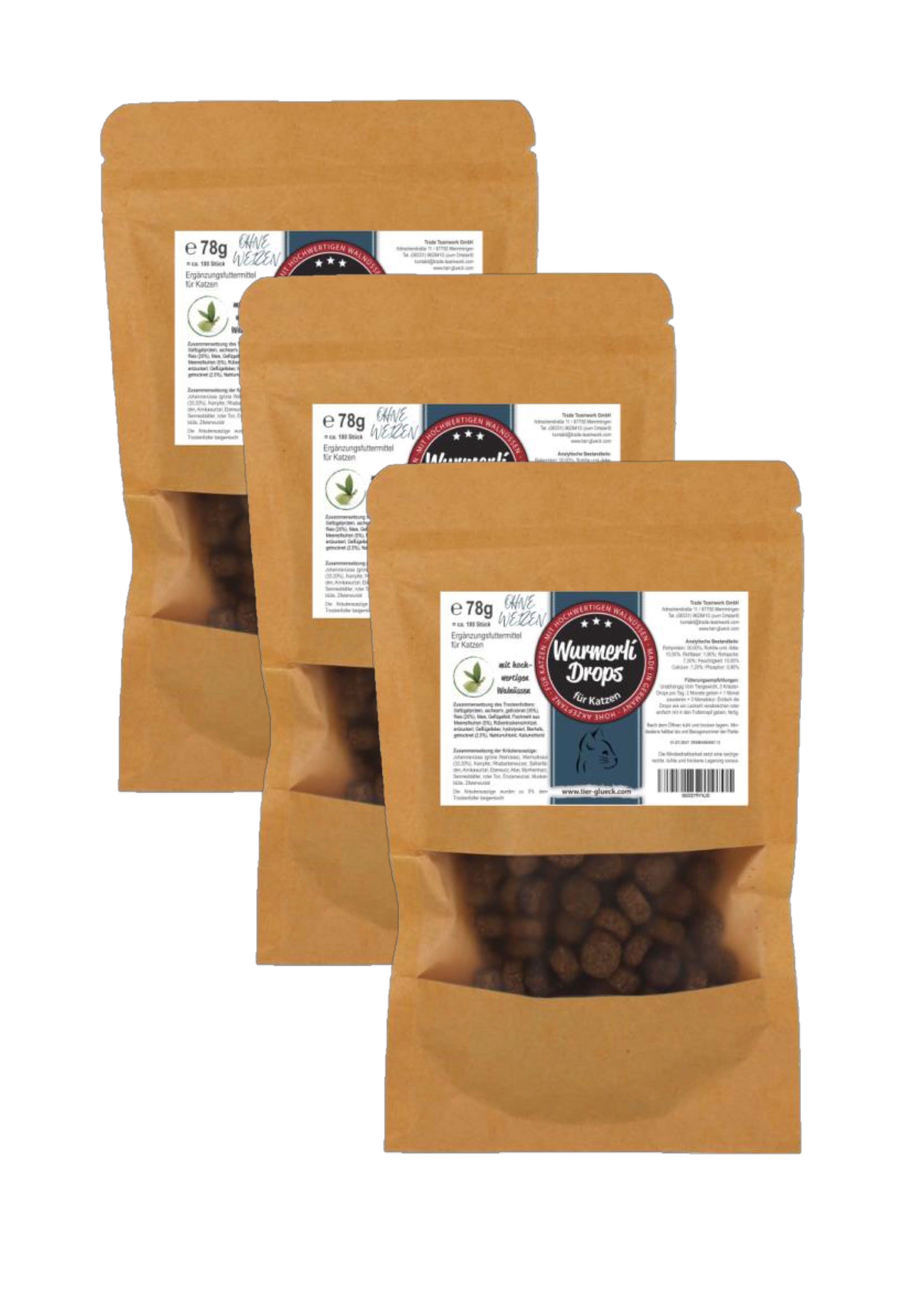 TierGlück Wurmerli Drops Katze ohne Weizen – Vorteilspack Katzen-Leckerlis 78 g Futter