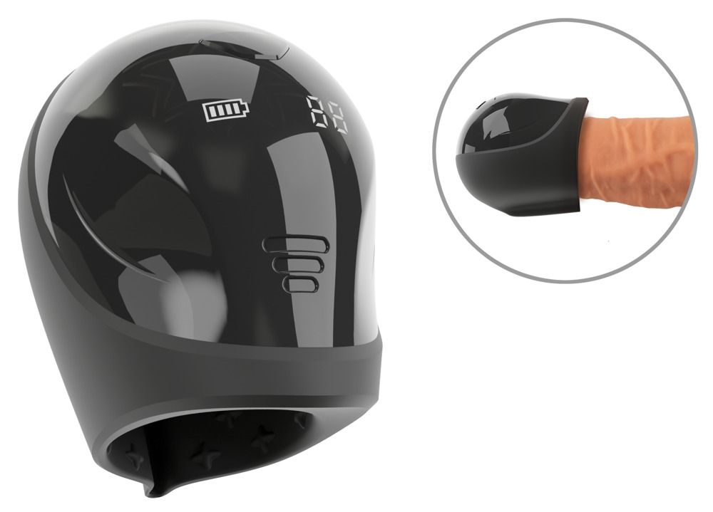 Schwarze Masturbationshilfe mit digitaler Anzeige und Ladezustandsanzeige. Inset: Produkt am Penis.