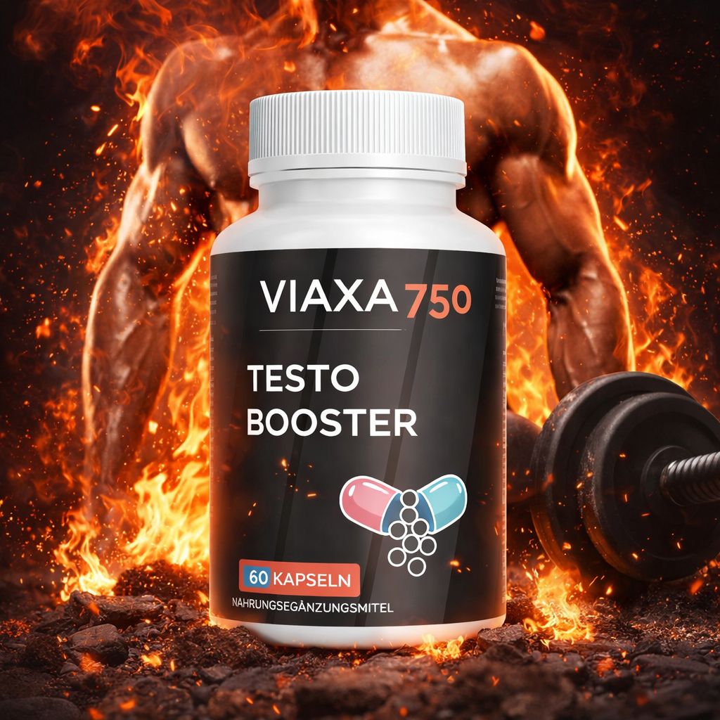 Weiße Flasche mit schwarzem Etikett. Aufschrift: VIAXA 750, TESTO BOOSTER, 60 Kapseln. Hintergrund: Flammen und ein Mann.