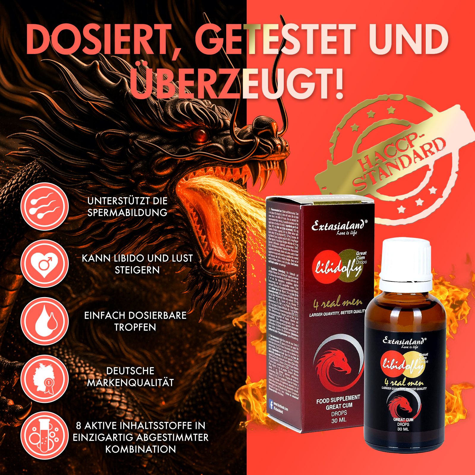 Dosiert, getestet und überzeugt! Flasche Libidofly® GreatCum Drops. Logo. Haccp Standard. Deutsche Markenqualität.